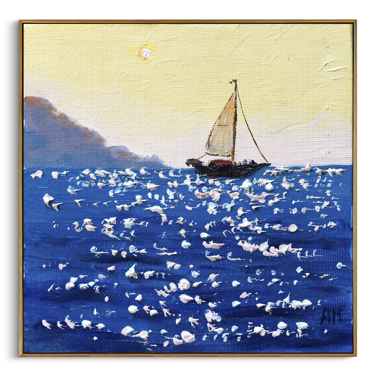 "Blue Sea Sailing Boat Painting" - Modern Heavy Impasto Coastal Landscape | Blue & White Palette Knife Painting | Luxury Square Wall Art #PT 1049