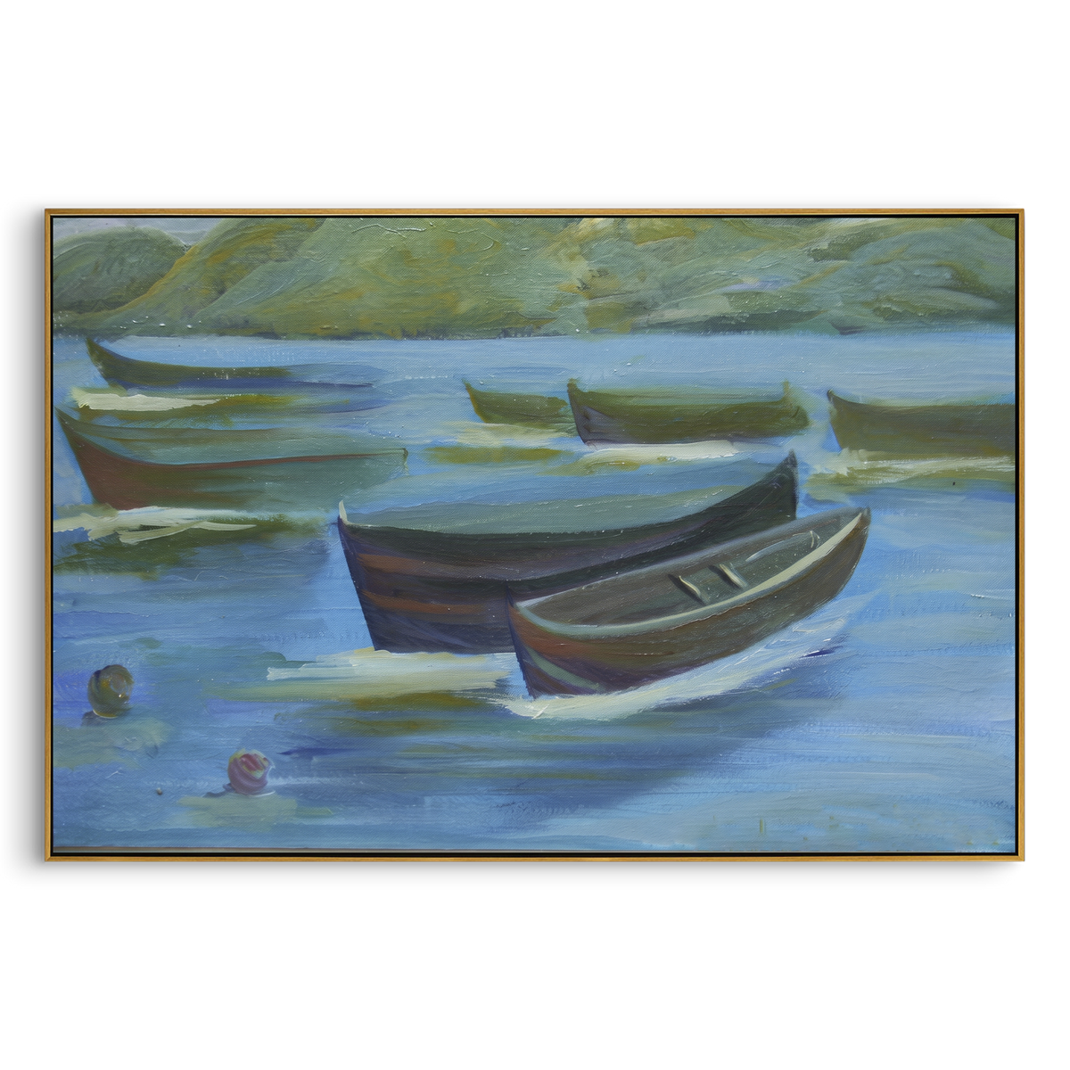 "Green Lake Rowboats Painting" - Modern Heavy Impasto Coastal Landscape | Green & Blue Palette Knife Painting | Luxury Horizontal Wall Art #PT 1050