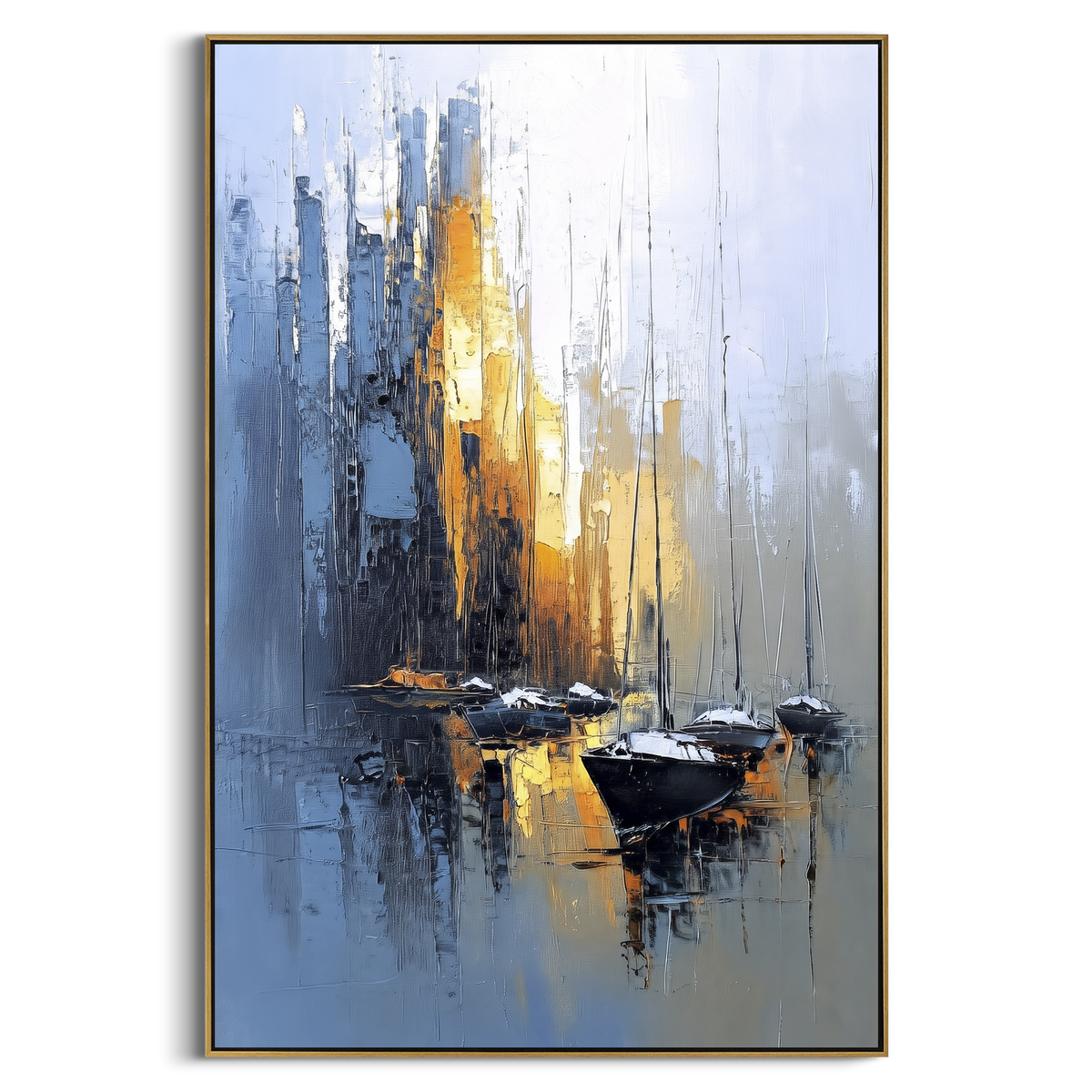 "City Harbor Sailboats Painting" - Modern Heavy Impasto Coastal Landscape | Blue & Grey Palette Knife Painting | Luxury Vertical Wall Art #PT 1051