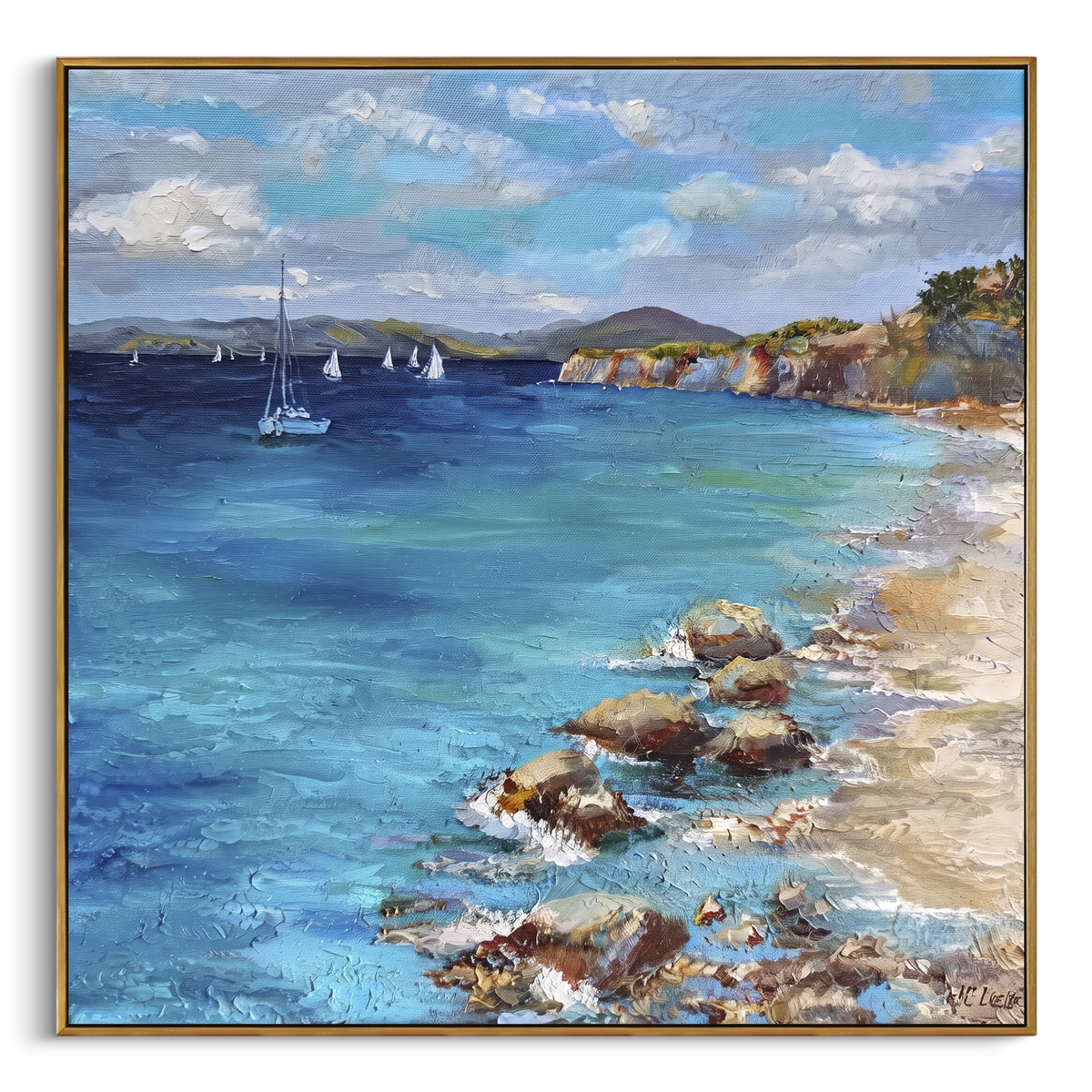 "Turquoise Bay Sailboats Painting" - Modern Heavy Impasto Coastal Landscape | Blue & Green Palette Knife Painting | Luxury Square Wall Art #PT 1052