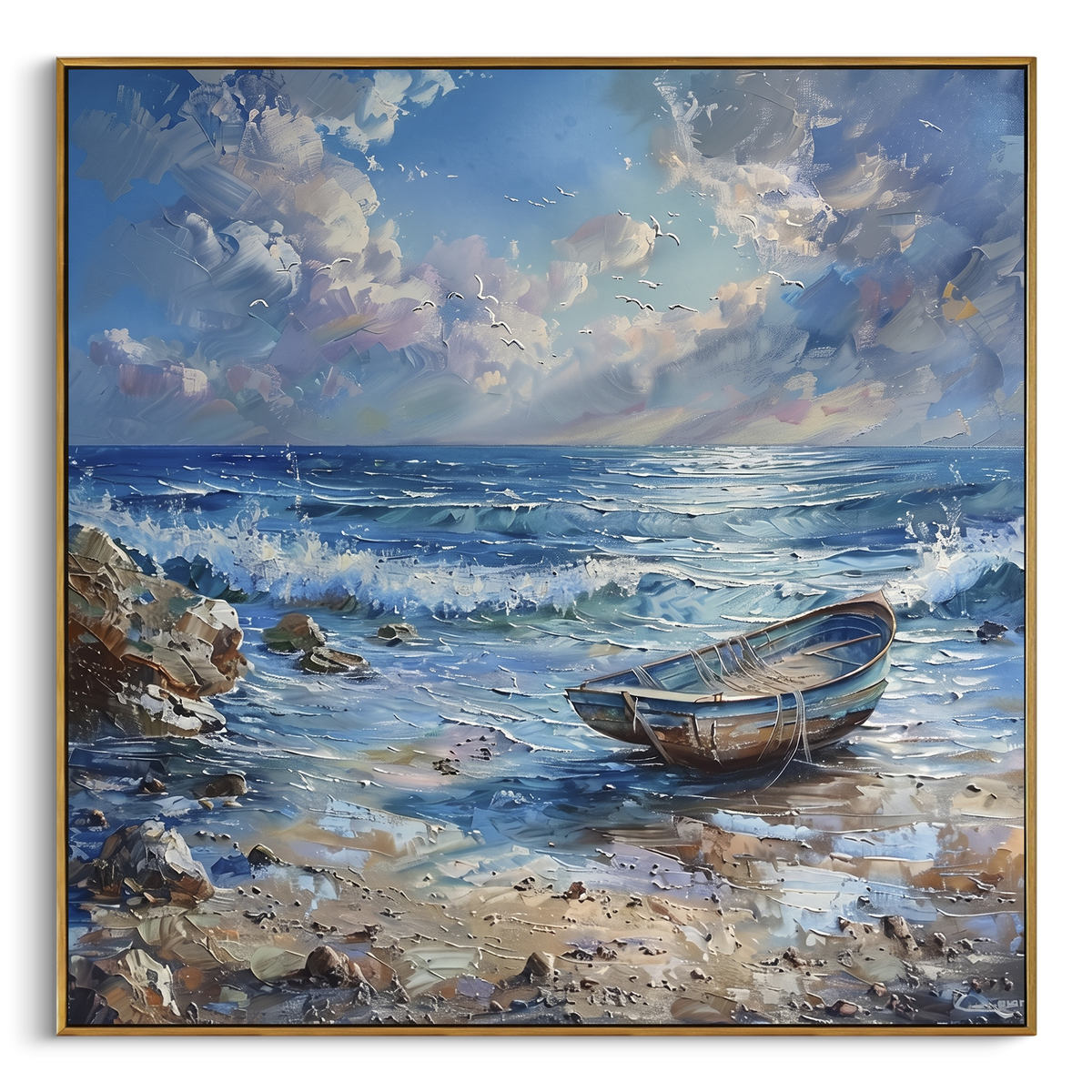 "Coastal Rowboat Seascape Painting" - Modern Heavy Impasto Coastal Landscape | Blue & White Palette Knife Painting | Luxury Square Wall Art #PT 1053