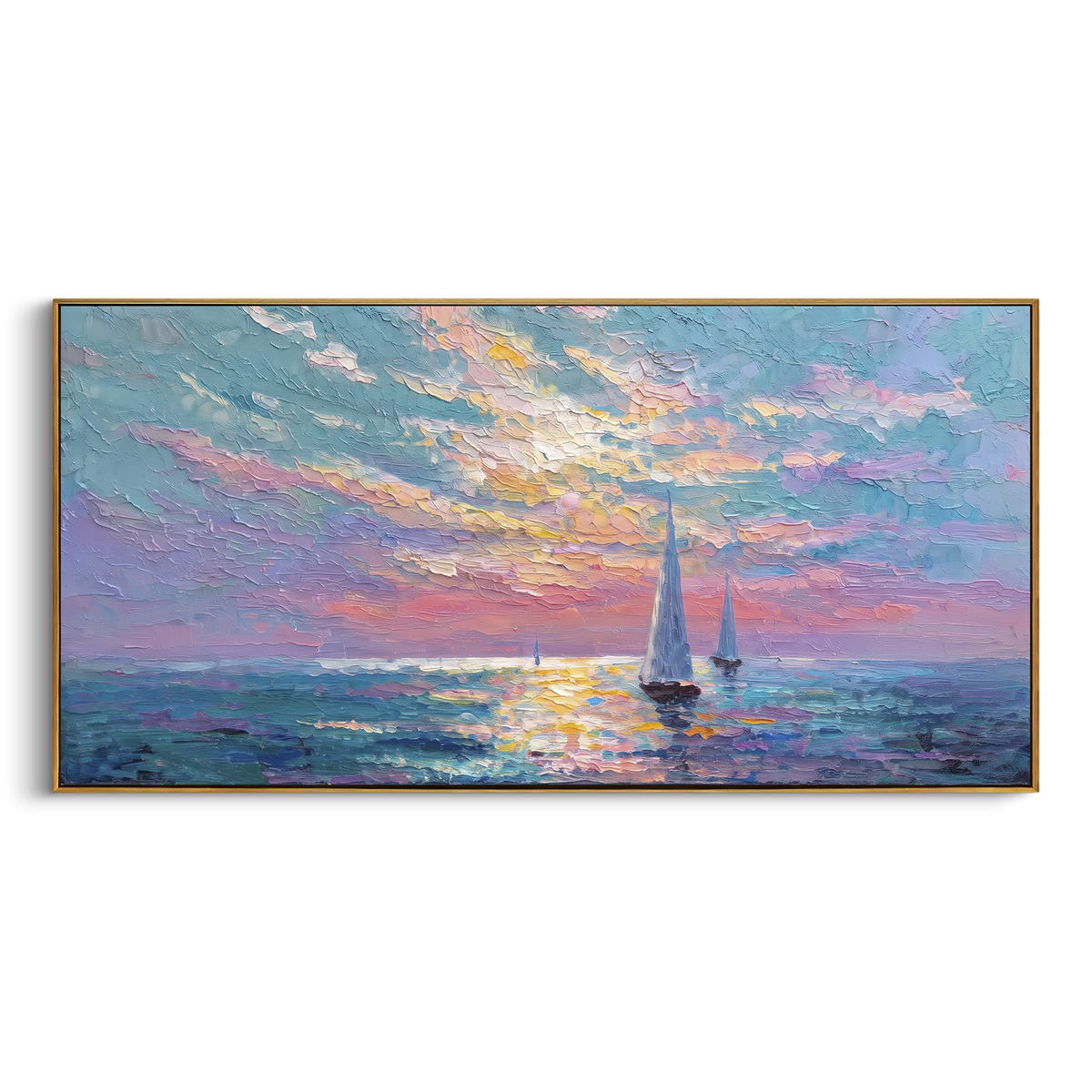 "Pastel Sunset Sailboats Seascape Painting" - Modern Heavy Impasto Coastal Landscape | Pink & Blue Palette Knife Painting | Luxury Horizontal Wall Art #PT 1054