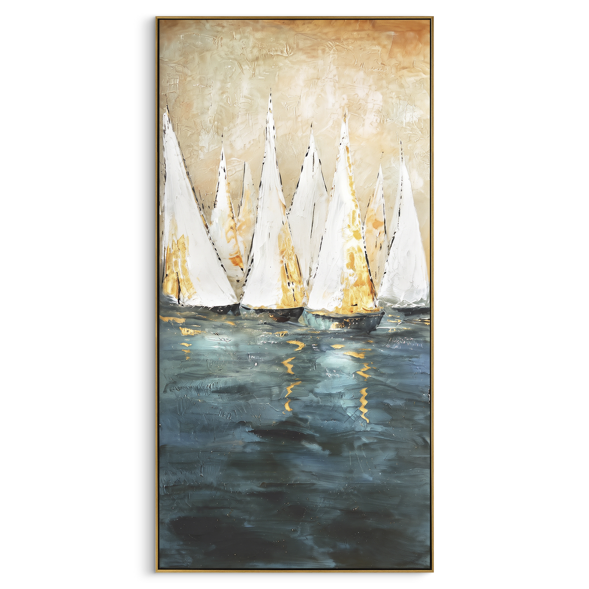 "Golden White Sailboats Vertical Painting" - Modern Heavy Impasto Coastal Landscape | White & Golden Palette Knife Painting | Luxury Wall Wall Art #PT 1055