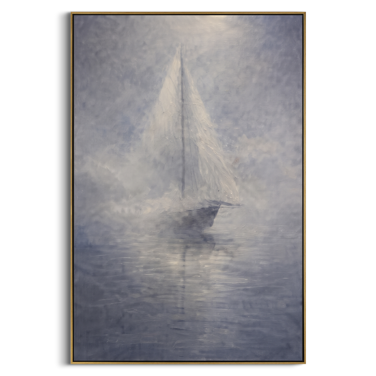 "Misty Grey Sailboat Painting" - Modern Heavy Impasto Coastal Landscape | Grey & White Palette Knife Painting | Luxury Vertical Wall Art #PT 1056