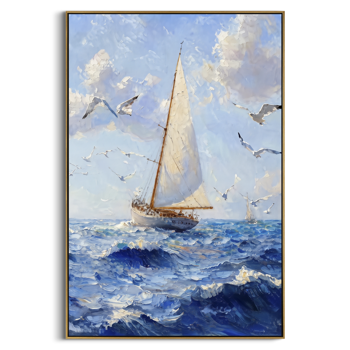 "Blue Ocean Sailboat Seascape Painting" - Modern Heavy Impasto Coastal Landscape | Blue & White Palette Knife Painting | Luxury Vertical Wall Art #PT 1057