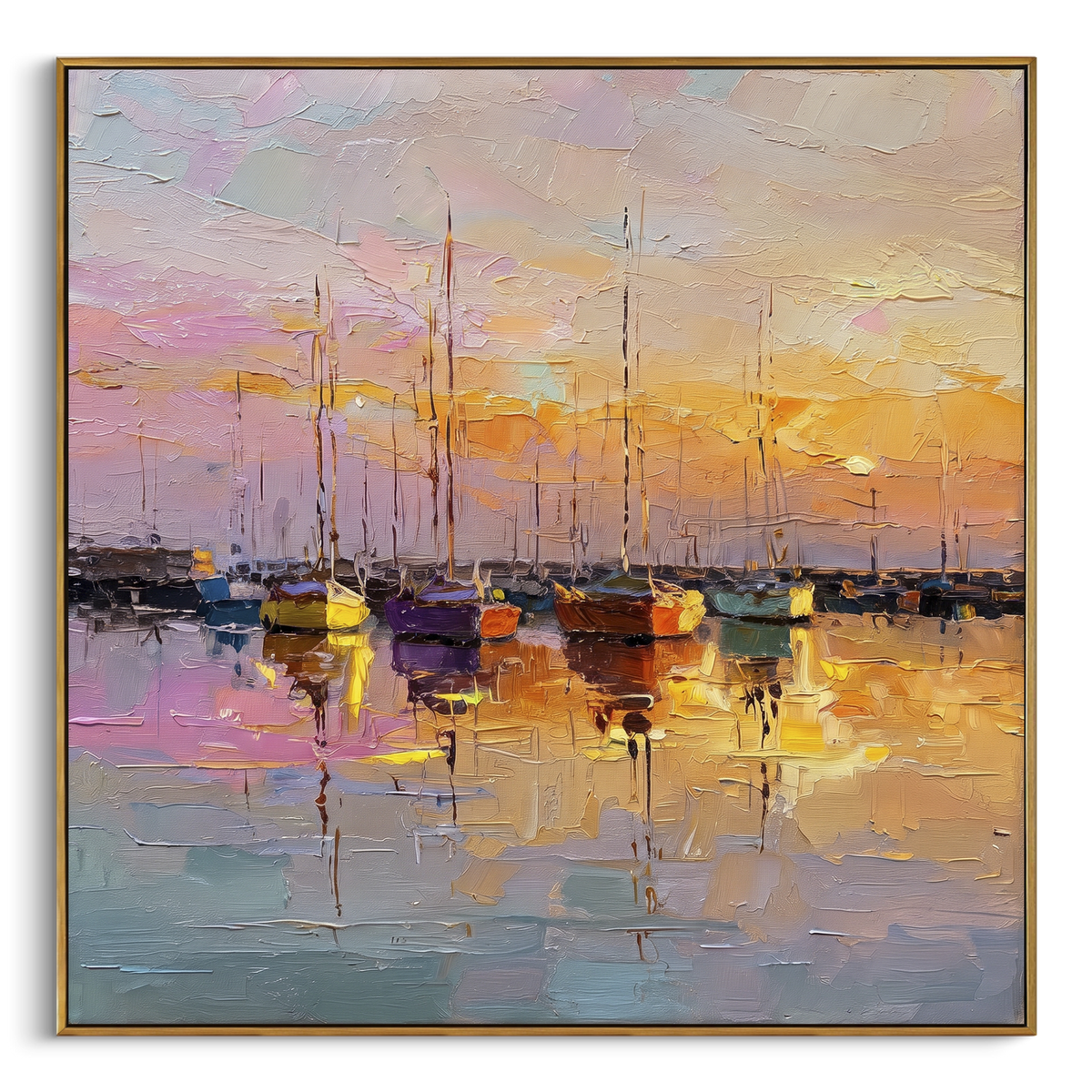 "Colorful Marina Sunset Painting" - Modern Heavy Impasto Coastal Landscape | Pink & Golden Palette Knife Painting | Luxury Square Wall Art #PT 1058
