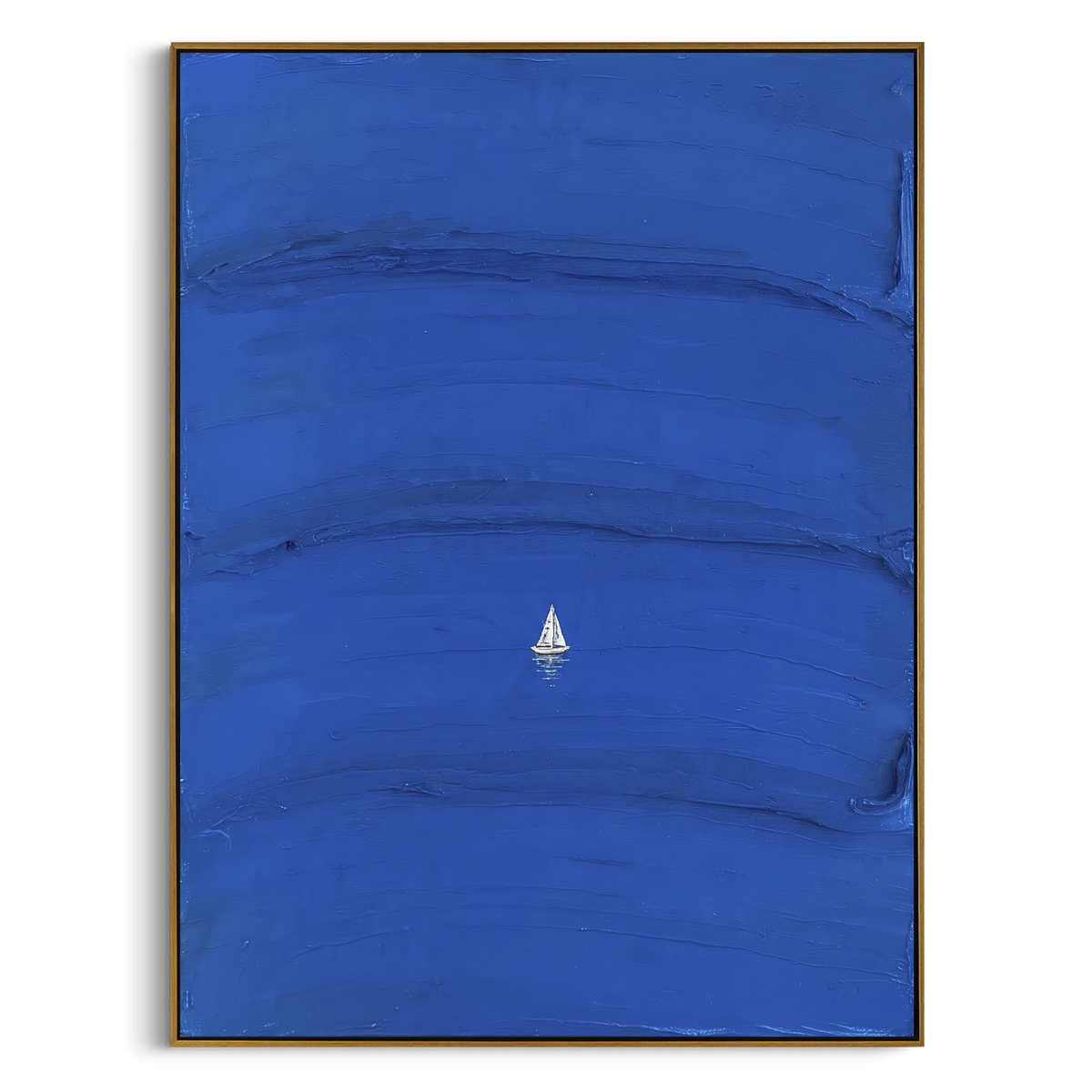 "Deep Blue Minimal Sailboat Painting" - Modern Heavy Impasto Coastal Landscape | Blue & White Palette Knife Painting | Luxury Vertical Wall Art #PT 1059