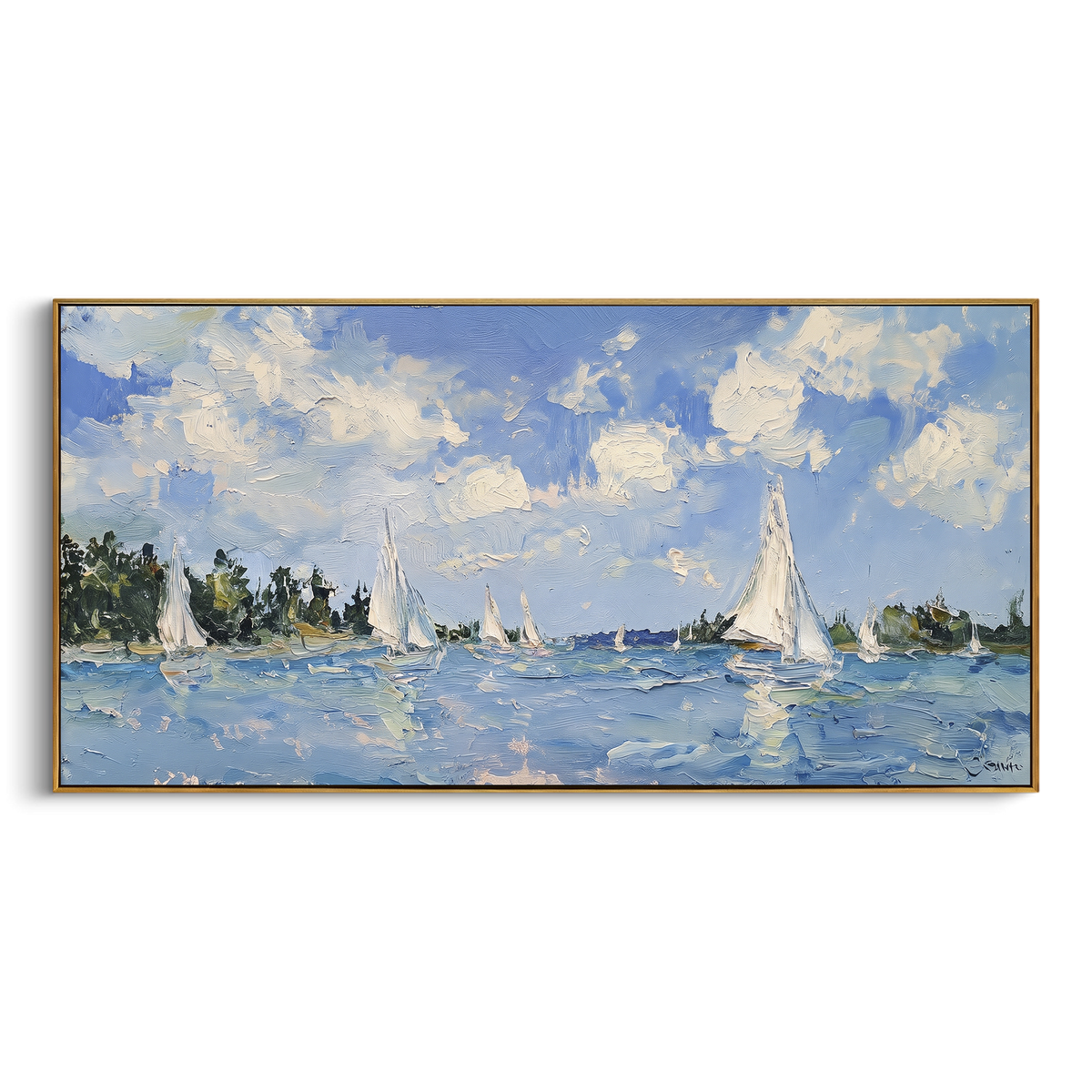 "Blue Lake Sailboats Panoramic Painting" - Modern Heavy Impasto Coastal Landscape | Blue & White Palette Knife Painting | Luxury Horizontal Wall Art #PT 1061