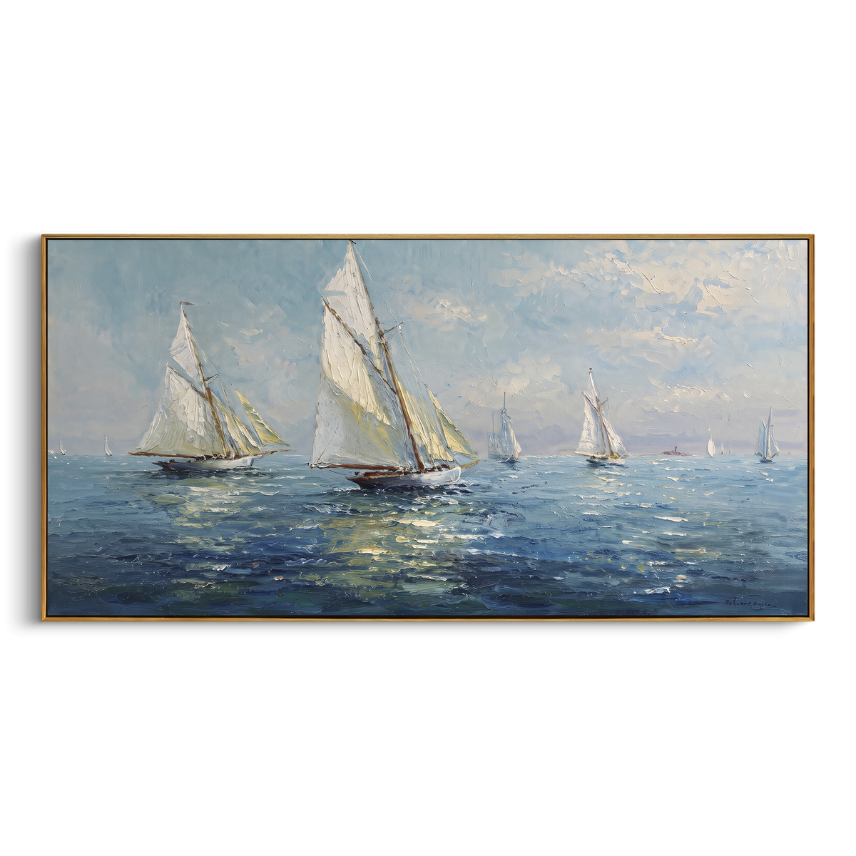 "Classic Sailboats Ocean Panoramic Painting" - Modern Heavy Impasto Coastal Landscape | Blue & White Palette Knife Painting | Luxury Horizontal Wall Art #PT 1062