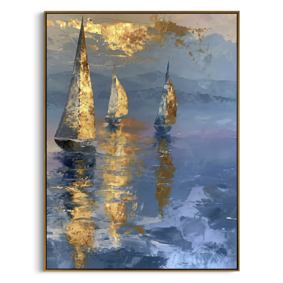 "Golden Sails Reflection Painting" - Modern Heavy Impasto Coastal Landscape | Blue & Golden Palette Knife Painting | Luxury Vertical Wall Art #PT 1063