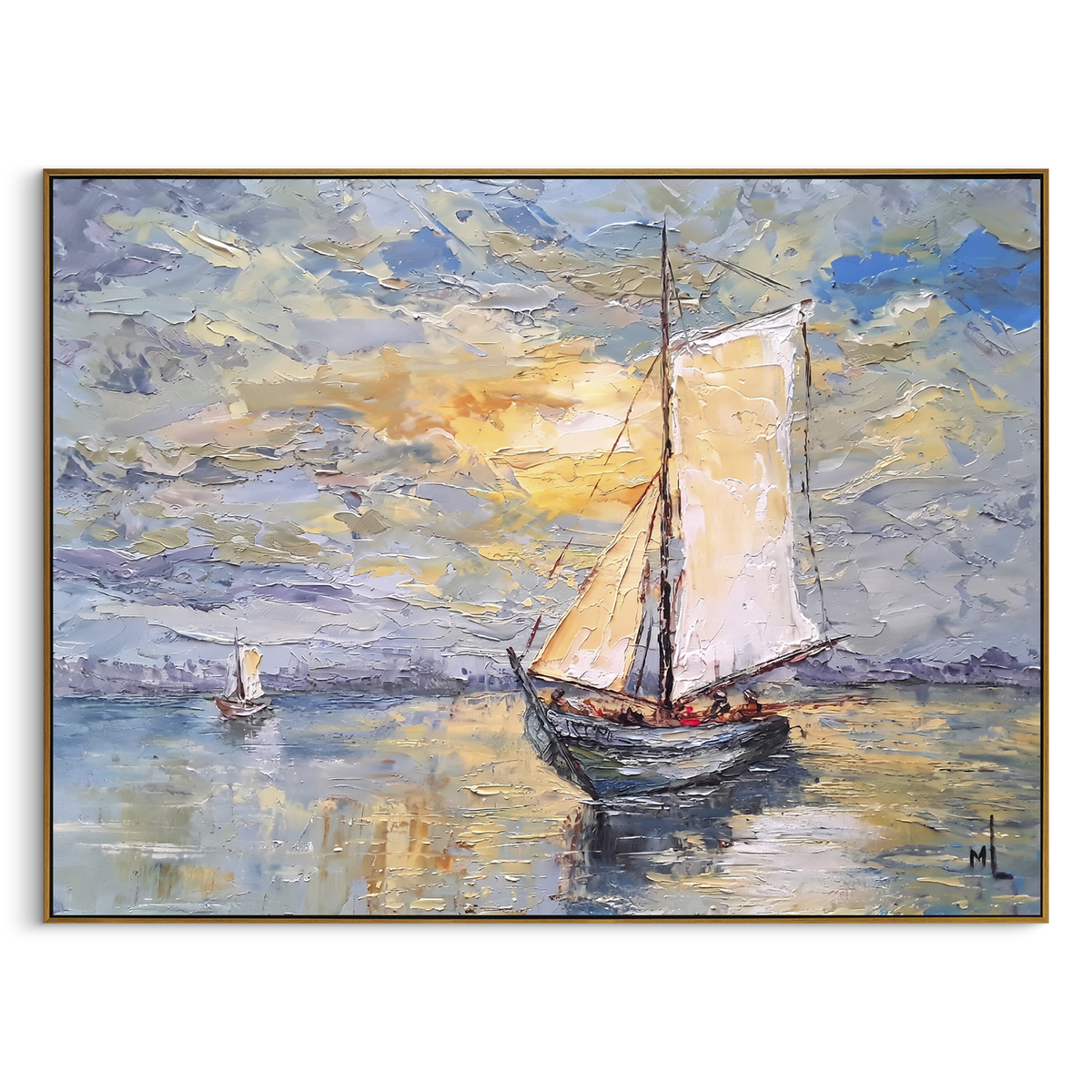 "Sunlit Harbor Sailboat Painting" - Modern Heavy Impasto Coastal Landscape | White & Golden Palette Knife Painting | Luxury Horizontal Wall Art #PT 1064