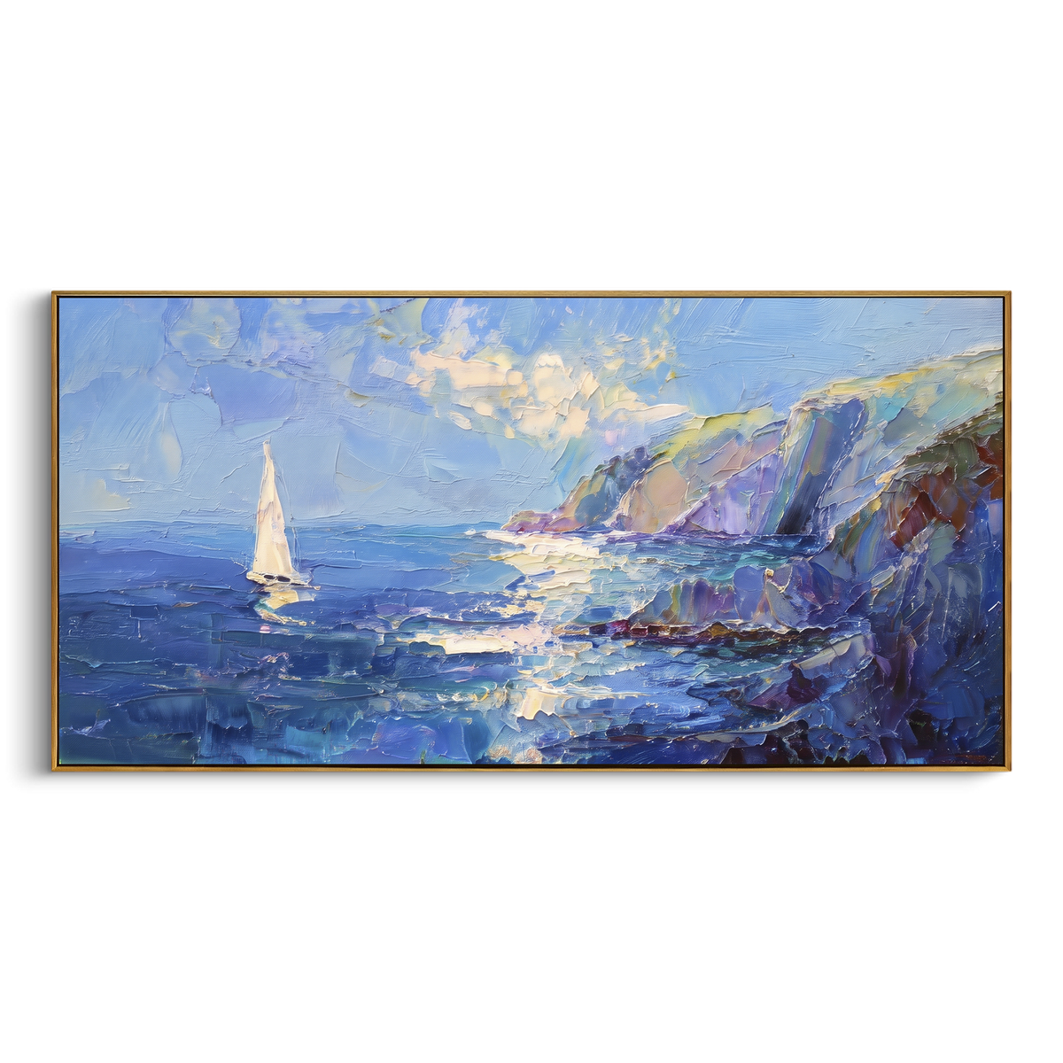 "Rocky Coast Sailboat Seascape Painting" - Modern Heavy Impasto Coastal Landscape | Blue & White Palette Knife Painting | Luxury Horizontal Wall Art #PT 1065