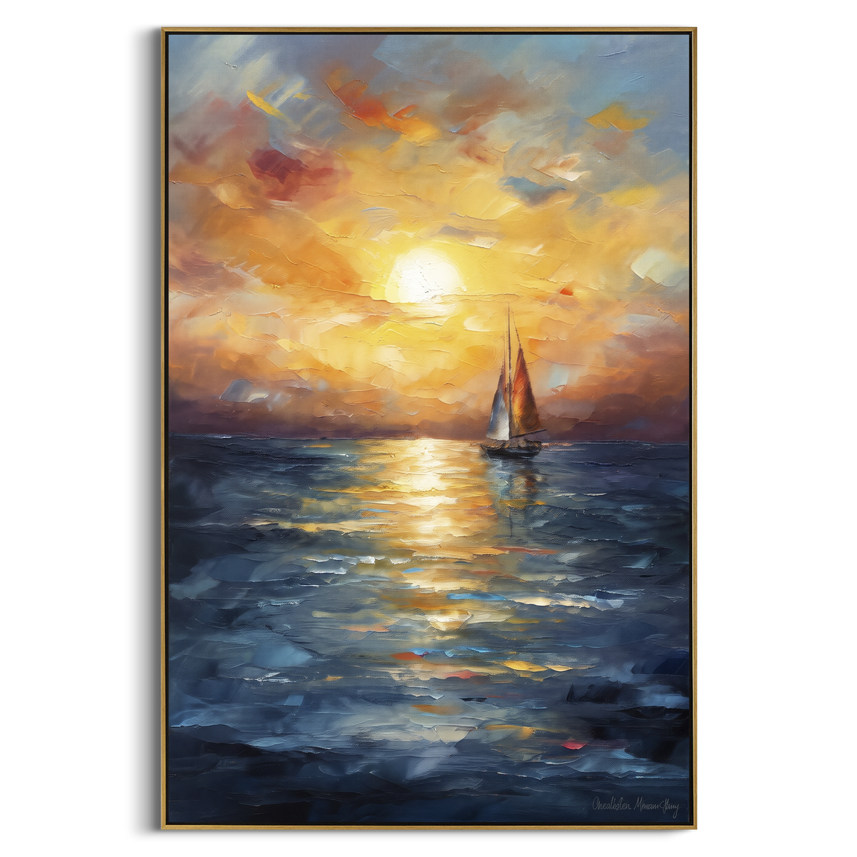 "Golden Sunset Sailboat Painting" - Modern Heavy Impasto Coastal Landscape | Golden & Orange Palette Knife Painting | Luxury Vertical Wall Art #PT 1066