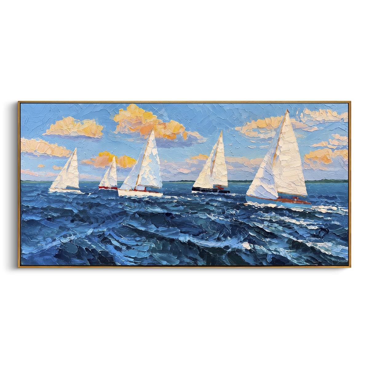 "Blue Regatta Sailboats Panoramic Painting" - Modern Heavy Impasto Coastal Landscape | Blue & White Palette Knife Painting | Luxury Horizontal Wall Art #PT 1067