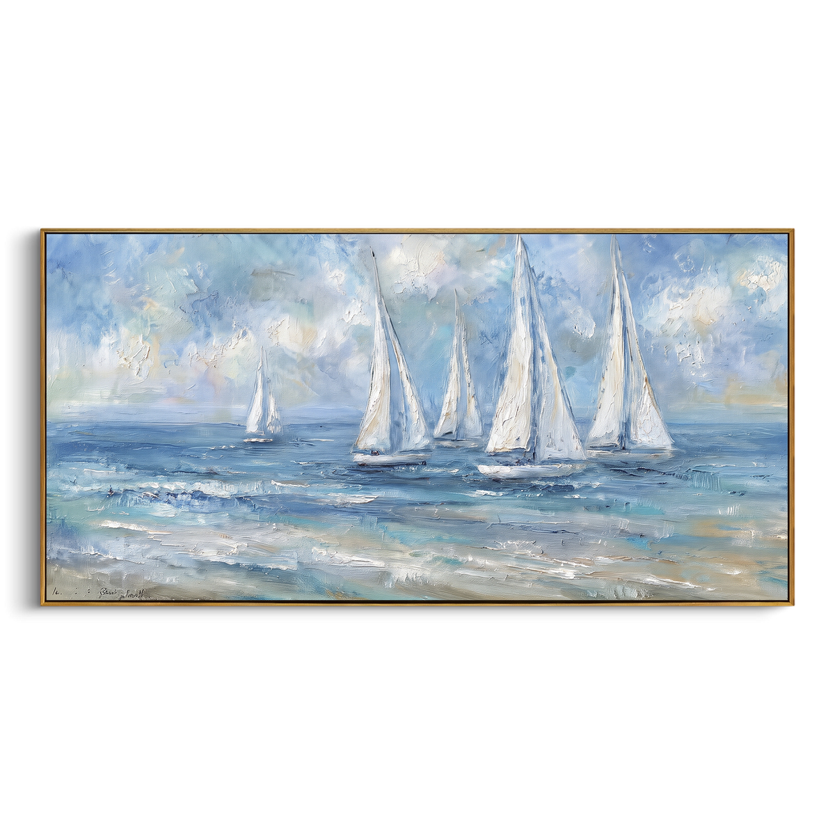 "Soft Blue Sailboats Panoramic Painting" - Modern Heavy Impasto Coastal Landscape | Blue & White Palette Knife Painting | Luxury Horizontal Wall Art #PT 1069