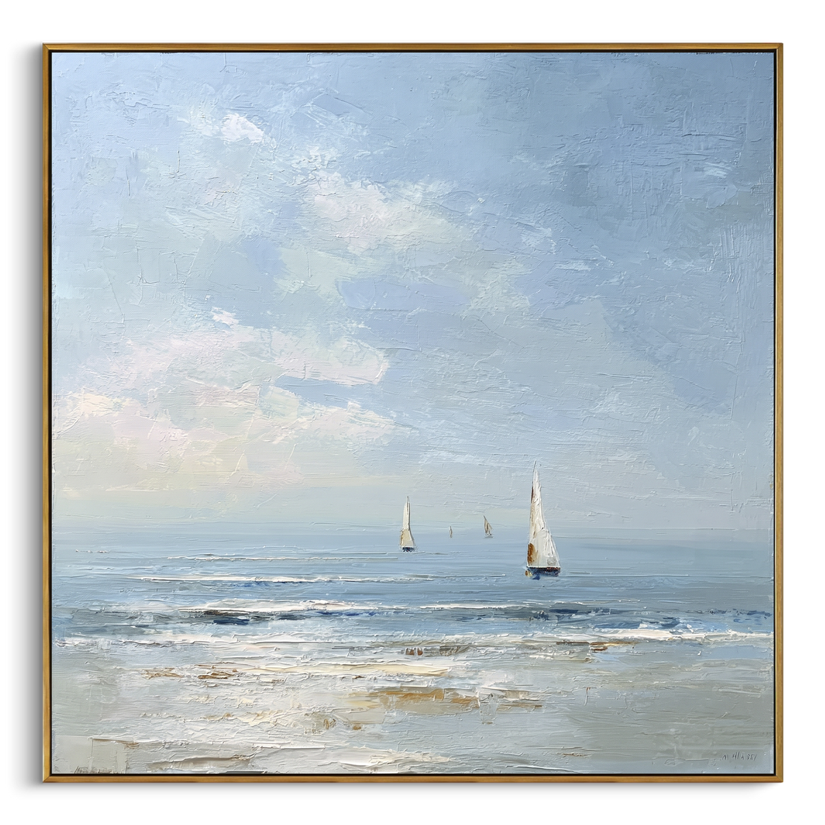 "Pale Coastal Sailboats Painting" - Modern Heavy Impasto Coastal Landscape | Blue & White Palette Knife Painting | Luxury Square Wall Art #PT 1070