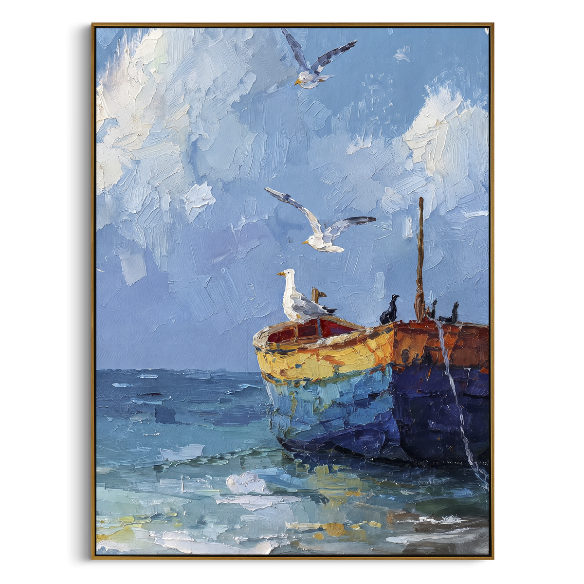 "Seagulls And Fishing Boat Painting" - Modern Heavy Impasto Coastal Landscape | Blue & White Palette Knife Painting | Luxury Vertical Wall Art #PT 1071