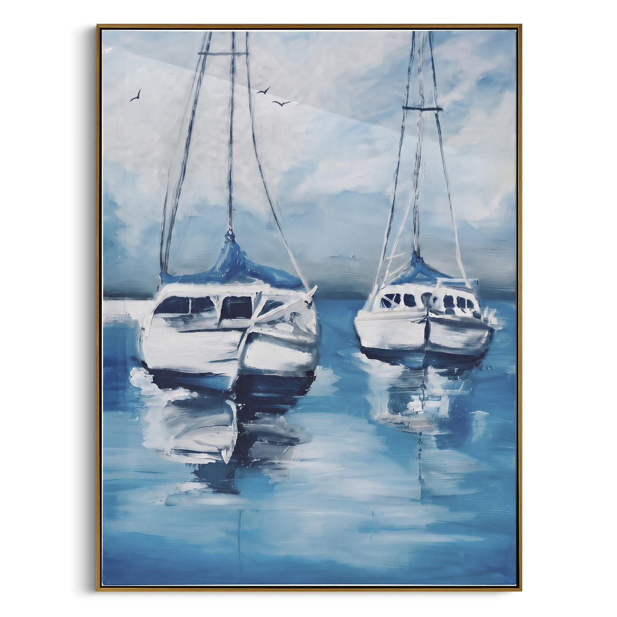 "Blue Harbor Yachts Painting" - Modern Heavy Impasto Coastal Landscape | Blue & White Palette Knife Painting | Luxury Vertical Wall Art #PT 1072