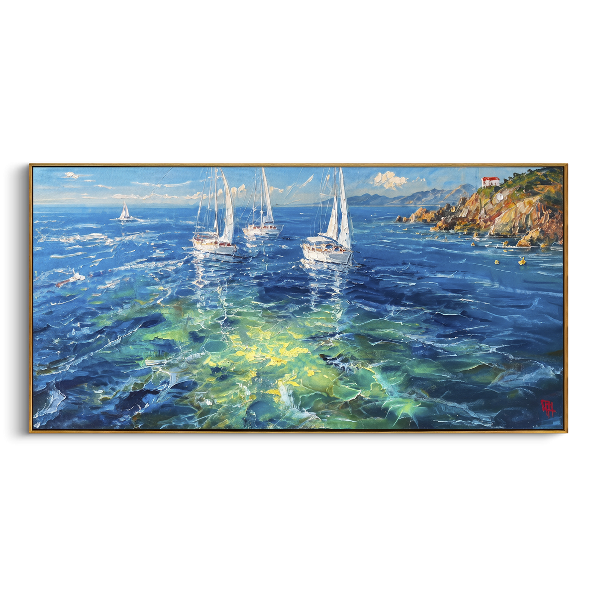 "Mediterranean Sailboats Coast Painting" - Modern Heavy Impasto Coastal Landscape | Blue & Green Palette Knife Painting | Luxury Horizontal Wall Art #PT 1073