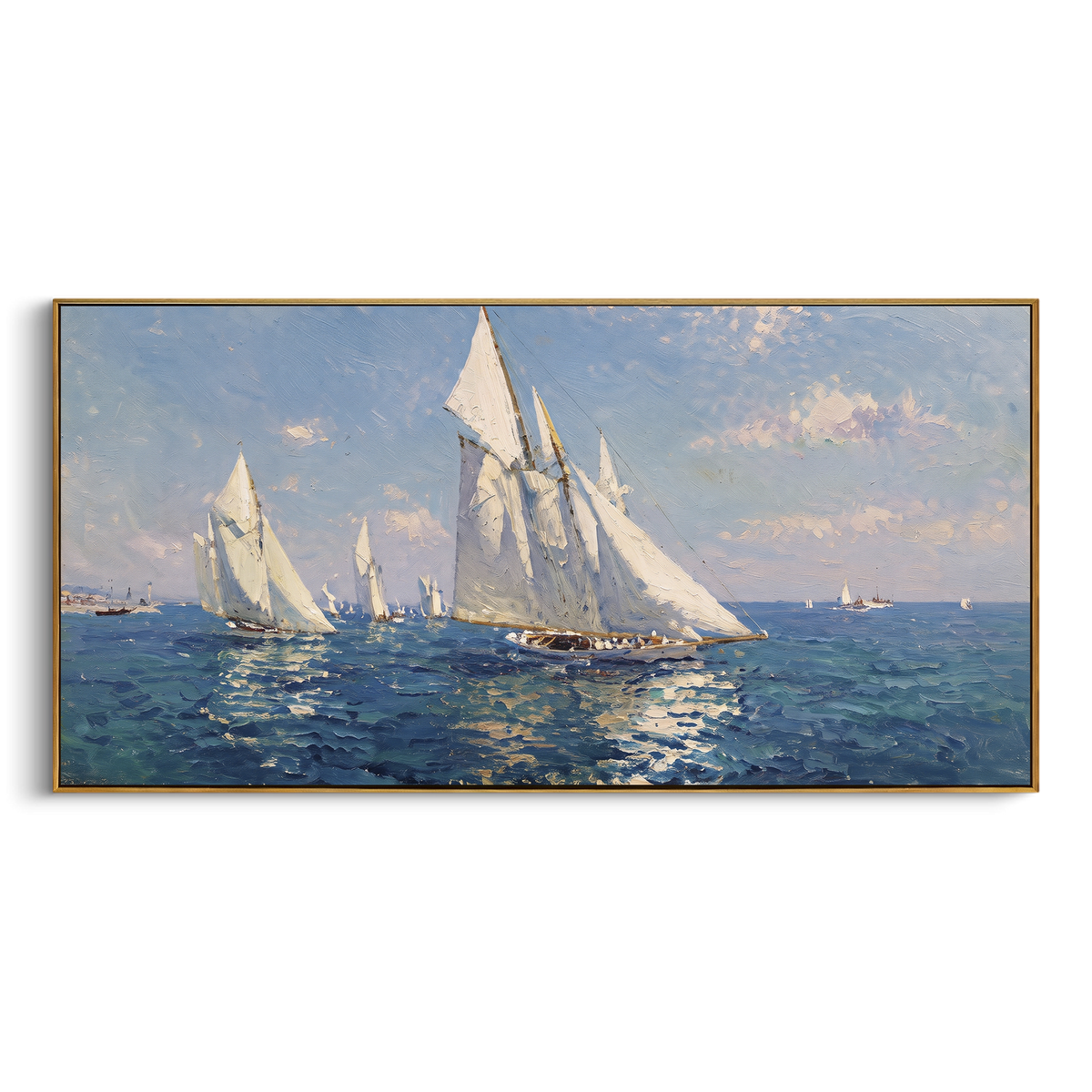 "Classic White Sailboats Seascape Painting" - Modern Heavy Impasto Coastal Landscape | Blue & White Palette Knife Painting | Luxury Horizontal Wall Art #PT 1076