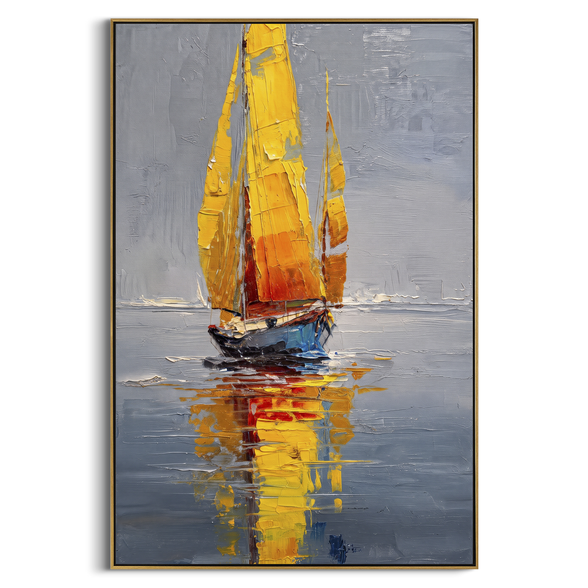 "Yellow Sailboat Reflection Painting" - Modern Heavy Impasto Coastal Landscape | Yellow & Orange Palette Knife Painting | Luxury Vertical Wall Art #PT 1077