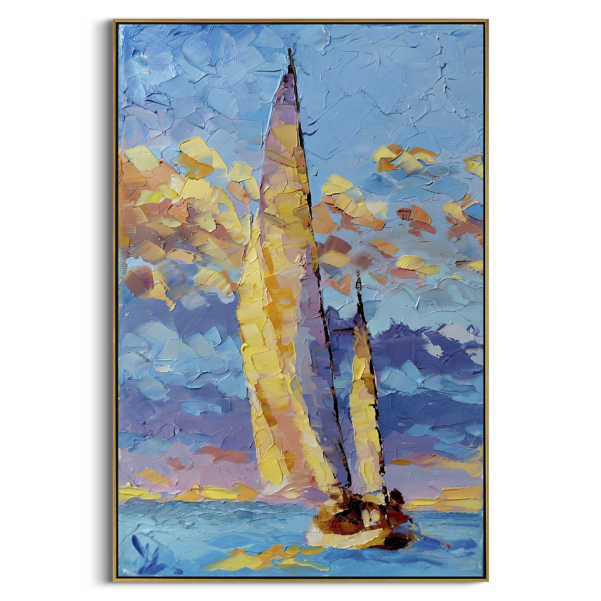 "Pastel Yellow Sailboat Painting" - Modern Heavy Impasto Coastal Landscape | Blue & Yellow Palette Knife Painting | Luxury Vertical Wall Art #PT 1078