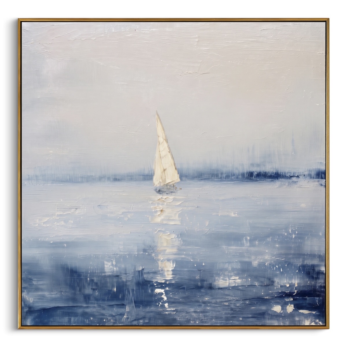 "Quiet White Sailboat Painting" - Modern Heavy Impasto Coastal Landscape | Blue & White Palette Knife Painting | Luxury Square Wall Art #PT 1079