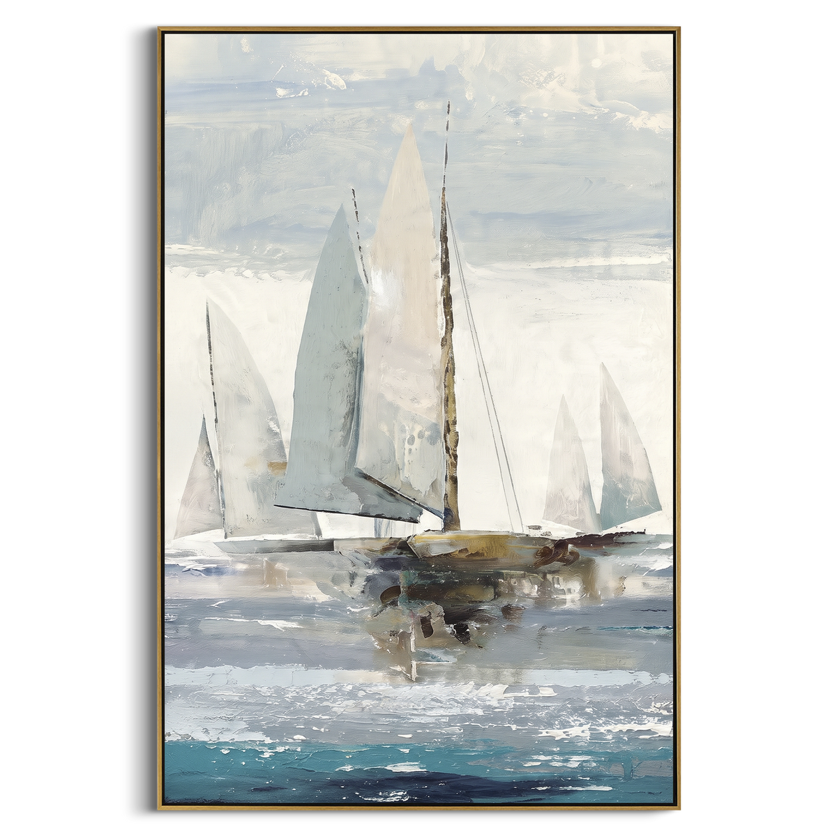 "White Sailboats Abstract Seascape Painting" - Modern Heavy Impasto Coastal Landscape | White & Grey Palette Knife Painting | Luxury Vertical Wall Art #PT 1080