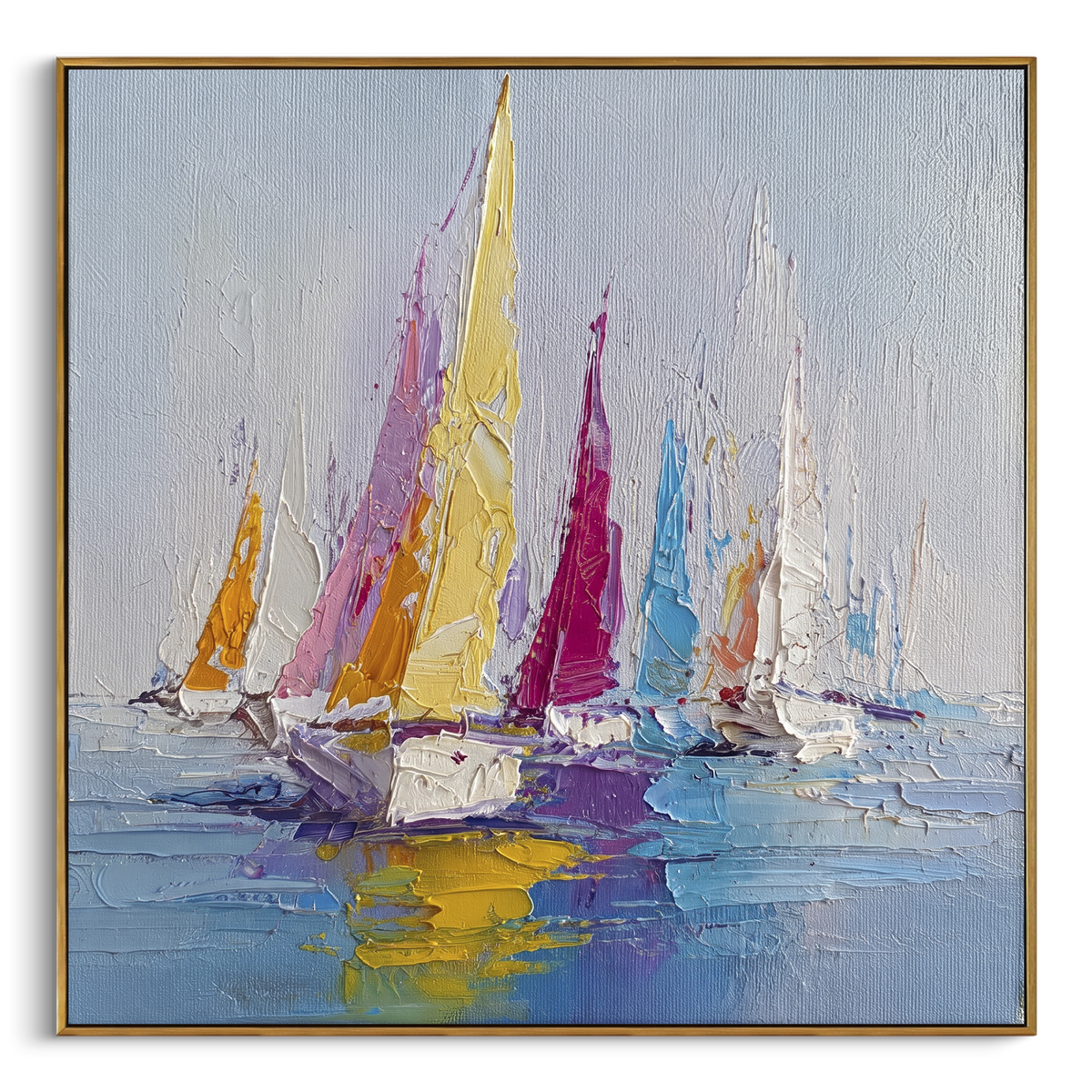 "Colorful Sailboats Reflection Painting" - Modern Heavy Impasto Coastal Landscape | Yellow & Blue Palette Knife Painting | Luxury Square Wall Art #PT 1081