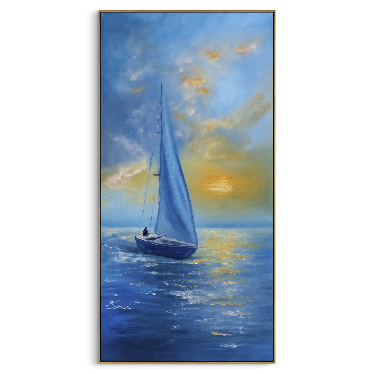 "Blue Sunset Sailboat Vertical Painting" - Modern Heavy Impasto Coastal Landscape | Blue & Golden Palette Knife Painting | Luxury Wall Wall Art #PT 1082