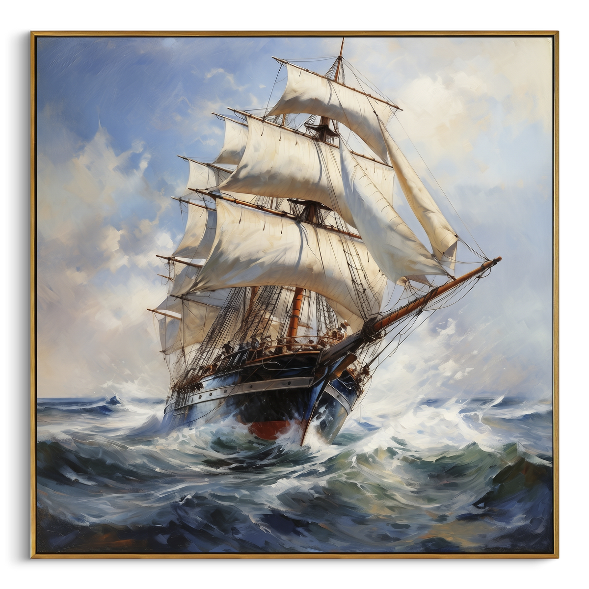 "Classic Tall Ship Seascape Painting" - Modern Heavy Impasto Coastal Landscape | Blue & White Palette Knife Painting | Luxury Square Wall Art #PT 1083