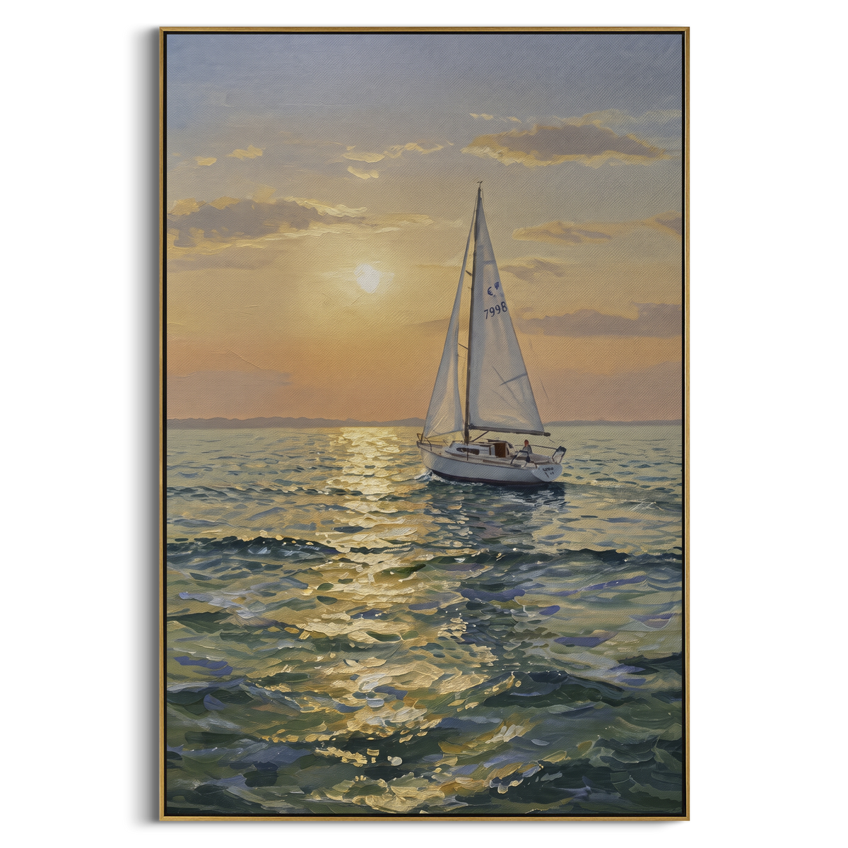 "Golden Sunset Sailboat Seascape Painting" - Modern Heavy Impasto Coastal Landscape | Golden & Blue Palette Knife Painting | Luxury Vertical Wall Art #PT 1084
