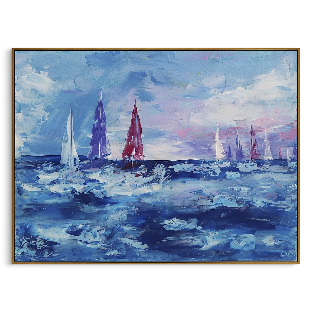 "Blue Purple Sailboats Abstract Painting" - Modern Heavy Impasto Coastal Landscape | Blue & Purple Palette Knife Painting | Luxury Horizontal Wall Art #PT 1085