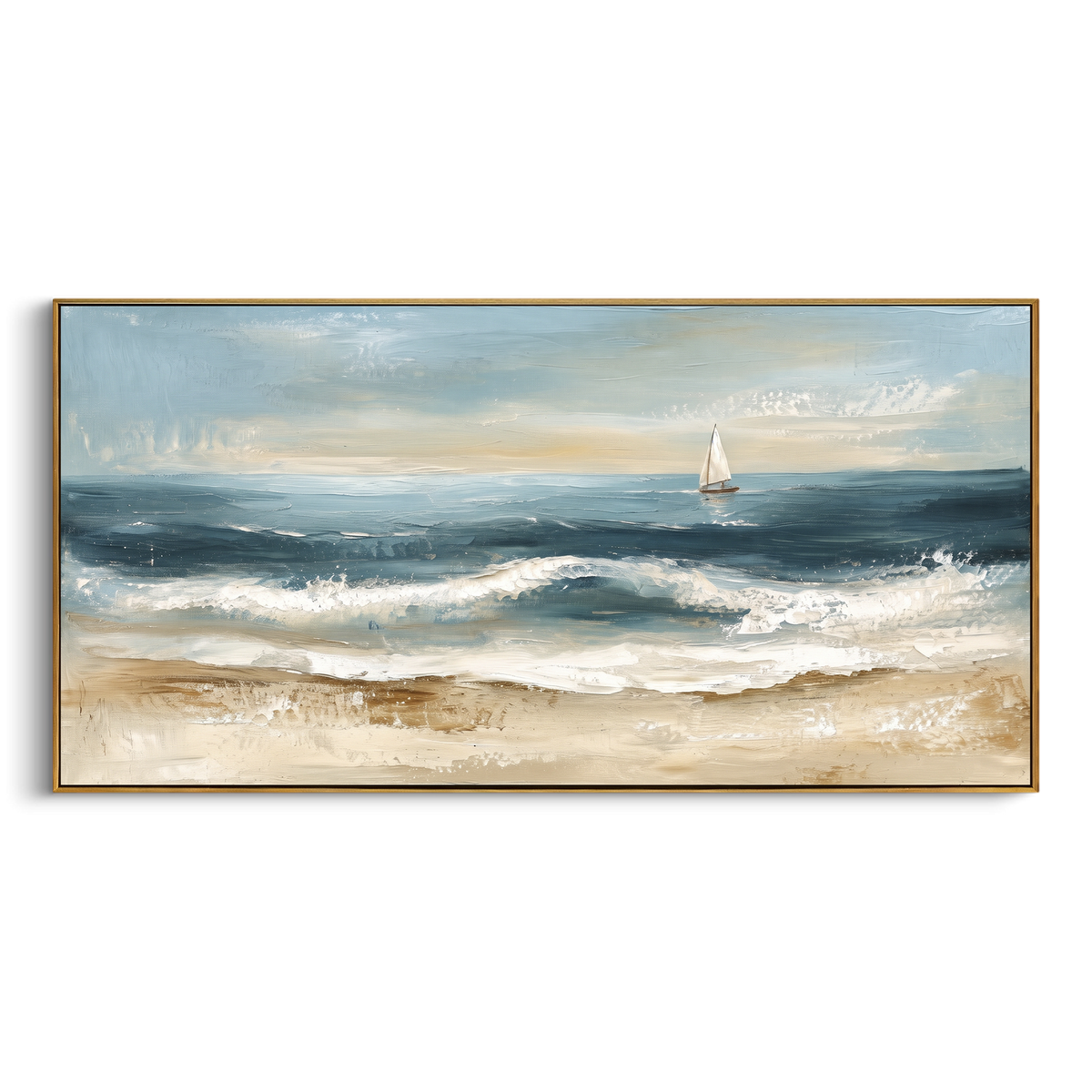 "Minimal Beach Sailboat Seascape Painting" - Modern Heavy Impasto Coastal Landscape | Blue & White Palette Knife Painting | Luxury Horizontal Wall Art #PT 1086
