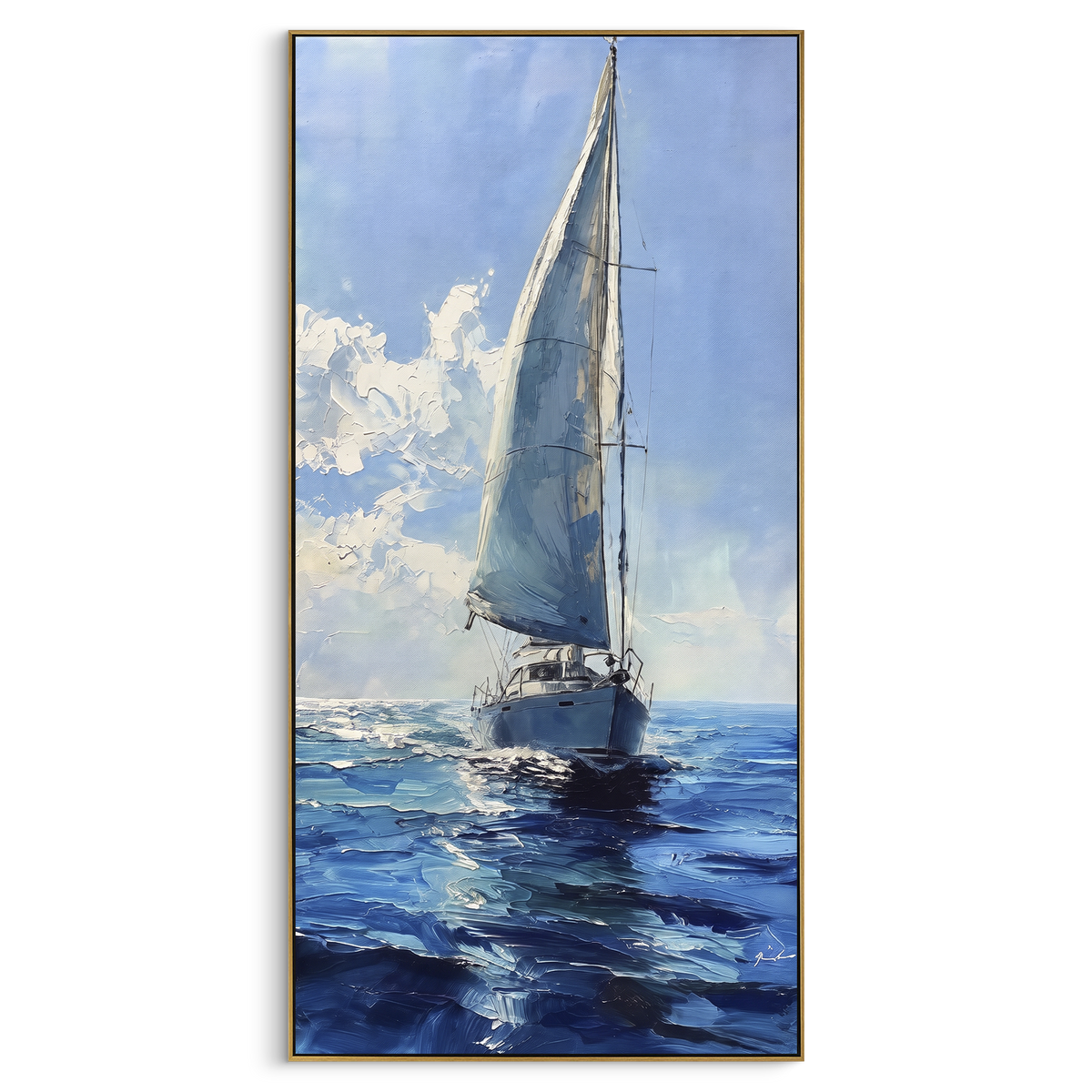 "Tall Blue Sailboat Ocean Painting" - Modern Heavy Impasto Coastal Landscape | Blue & White Palette Knife Painting | Luxury Wall Wall Art #PT 1087