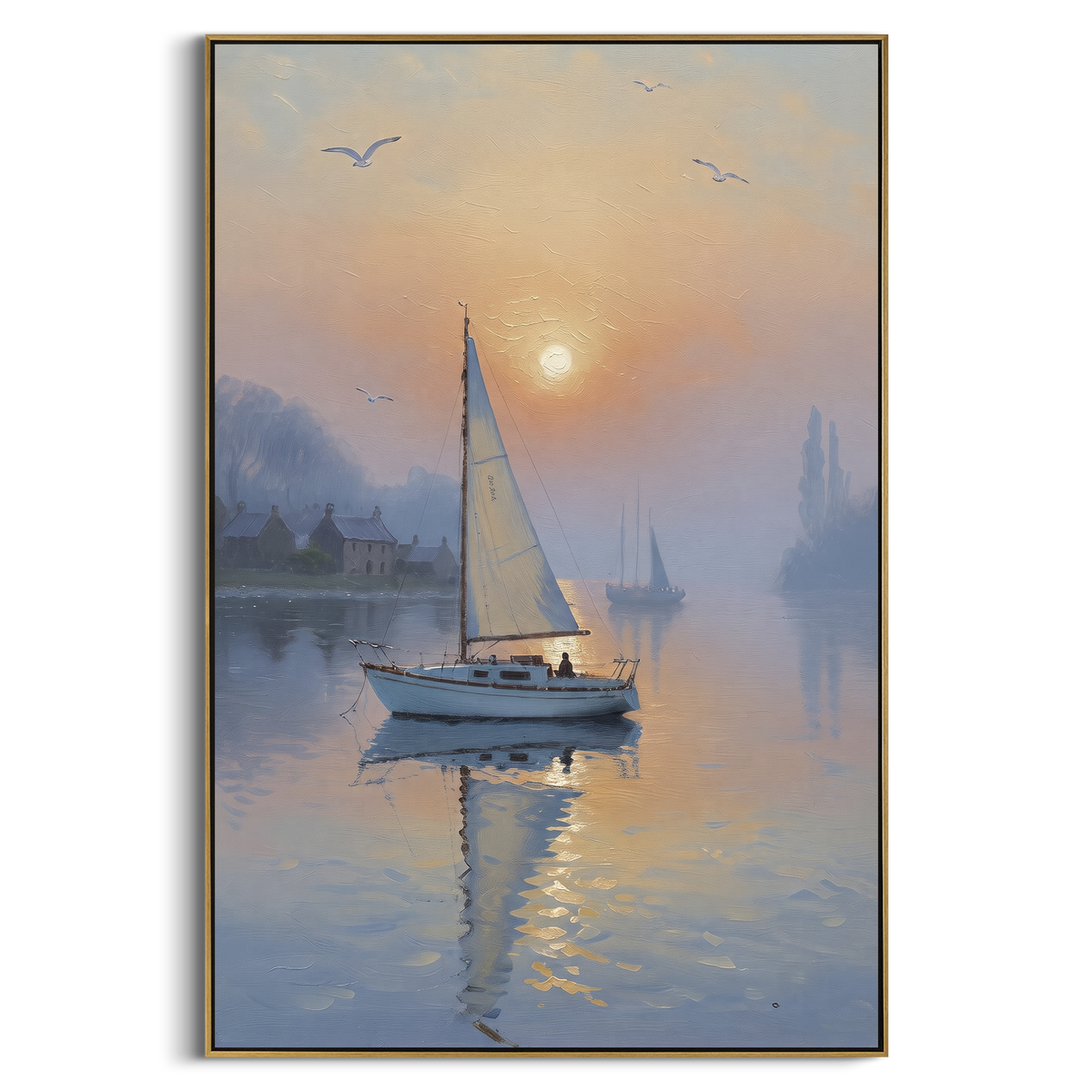 "Misty Harbor Sailboat Painting" - Modern Heavy Impasto Coastal Landscape | Blue & Golden Palette Knife Painting | Luxury Vertical Wall Art #PT 1088