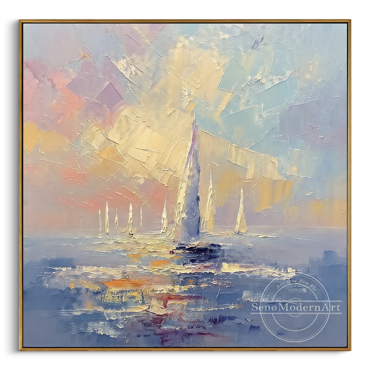 "Pastel Abstract Sailboats Painting" - Modern Heavy Impasto Coastal Landscape | Blue & Yellow Palette Knife Painting | Luxury Square Wall Art #PT 1089