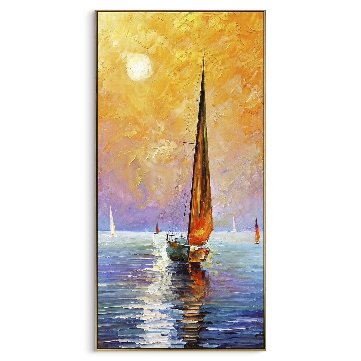 "Orange Sailboat Sunset Painting" - Modern Heavy Impasto Coastal Landscape | Orange & Golden Palette Knife Painting | Luxury Wall Wall Art #PT 1090