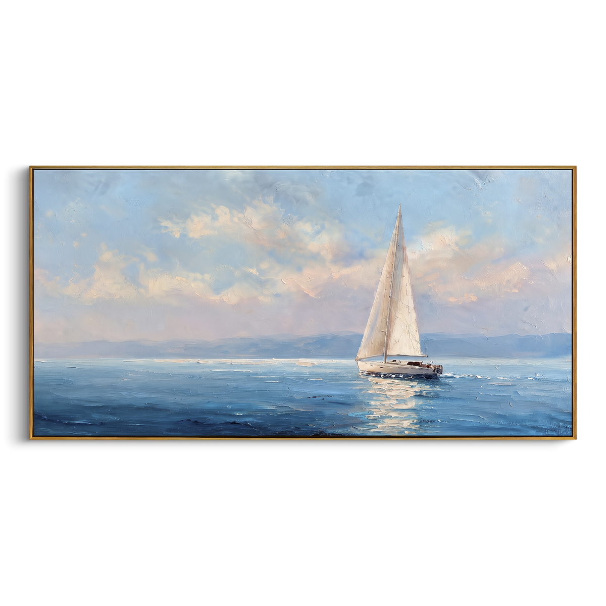 "White Sailboat Calm Sea Painting" - Modern Heavy Impasto Coastal Landscape | Blue & White Palette Knife Painting | Luxury Horizontal Wall Art #PT 1091