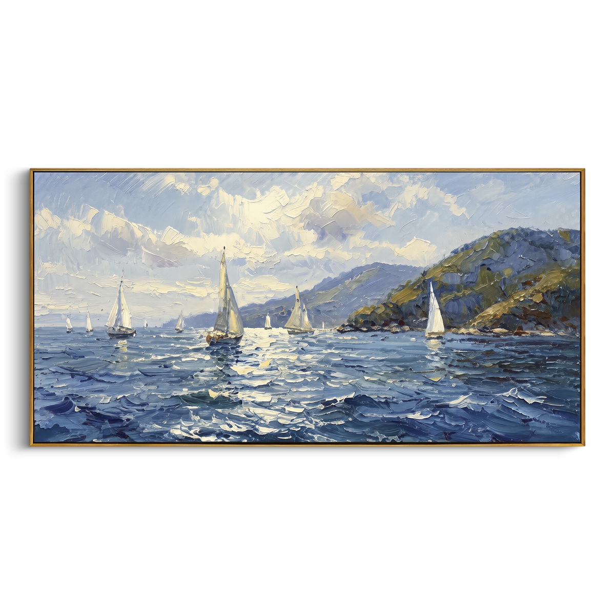"Coastal Regatta Sailboats Painting" - Modern Heavy Impasto Coastal Landscape | Blue & White Palette Knife Painting | Luxury Horizontal Wall Art #PT 1092