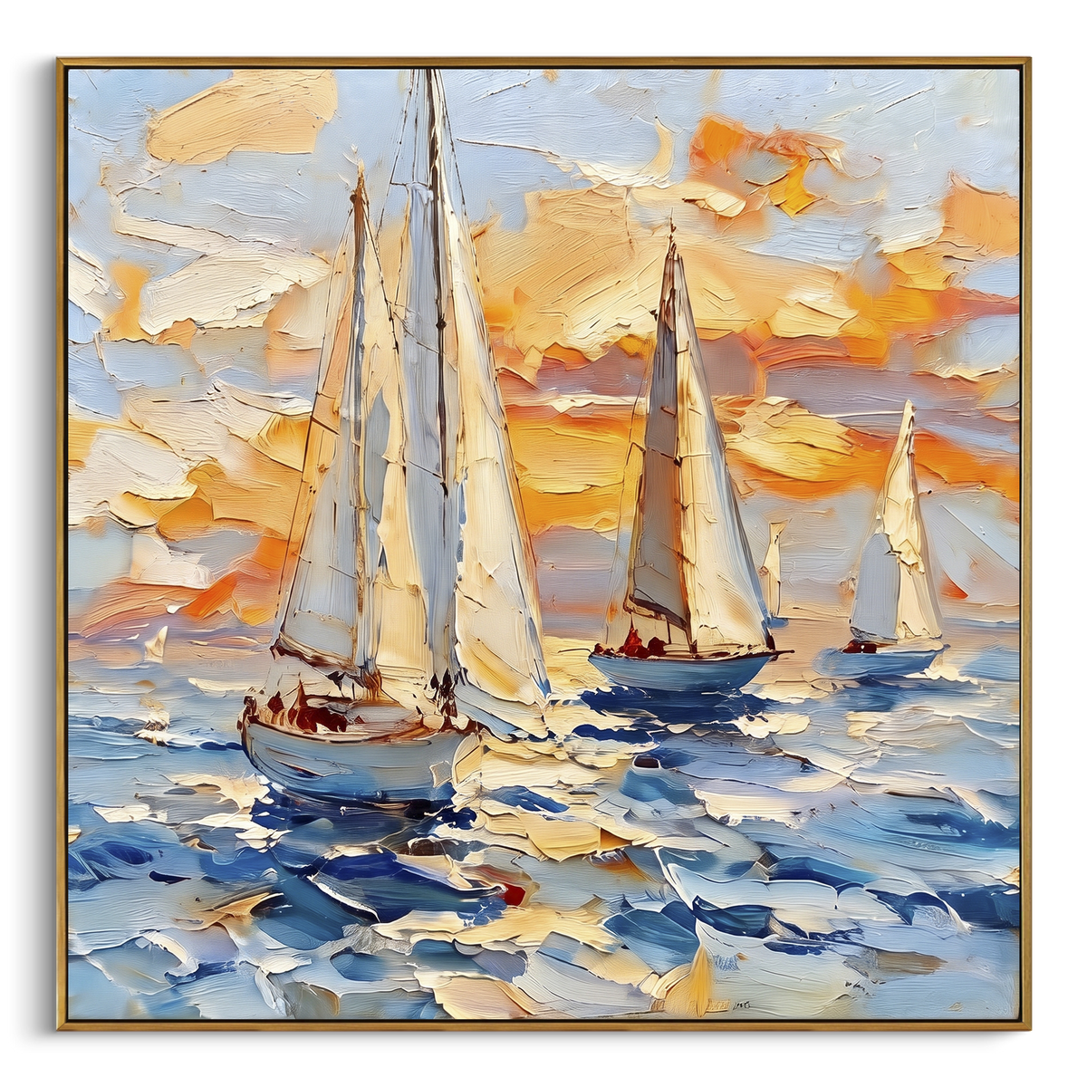 "Warm Sunset Sailboats Painting" - Modern Heavy Impasto Coastal Landscape | Blue & White Palette Knife Painting | Luxury Square Wall Art #PT 1093