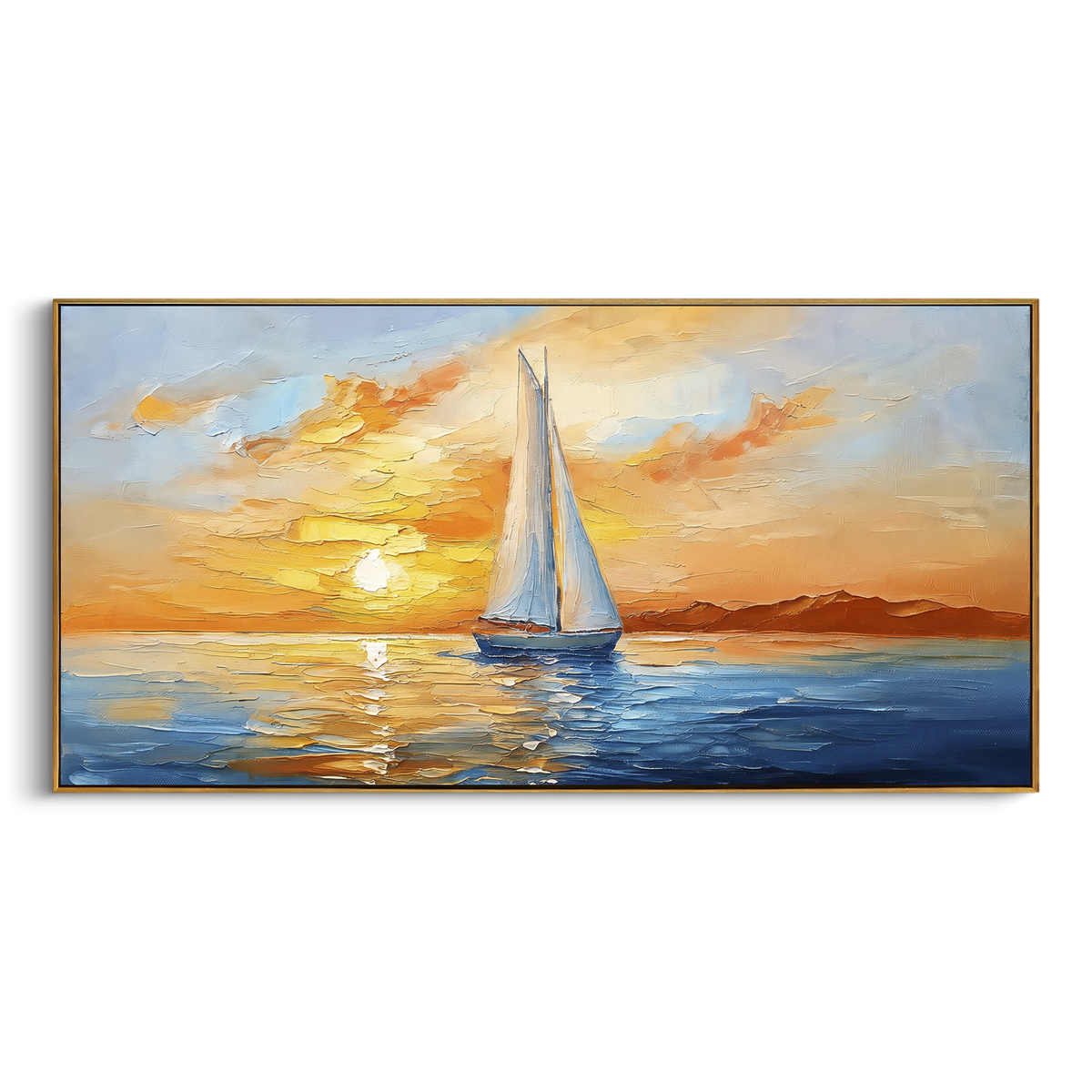 "Golden Sunset Sailboat Painting" - Modern Heavy Impasto Coastal Landscape | Orange & Golden Palette Knife Painting | Luxury Horizontal Wall Art #PT 1094