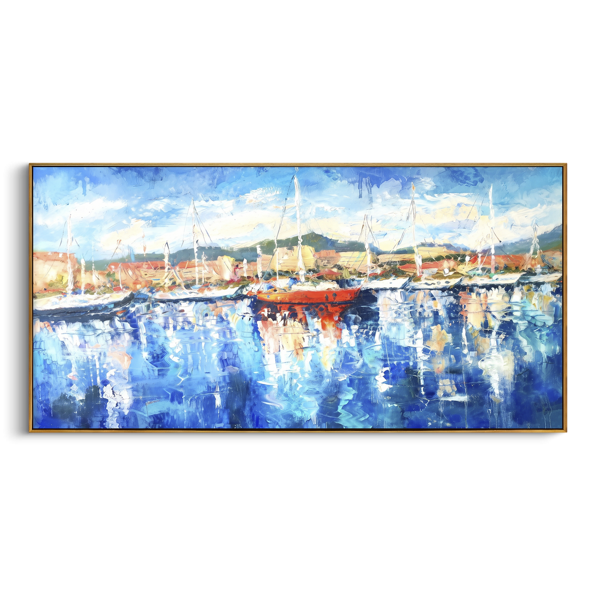 "Blue Marina Abstract Painting" - Modern Heavy Impasto Coastal Landscape | Blue & White Palette Knife Painting | Luxury Horizontal Wall Art #PT 1095