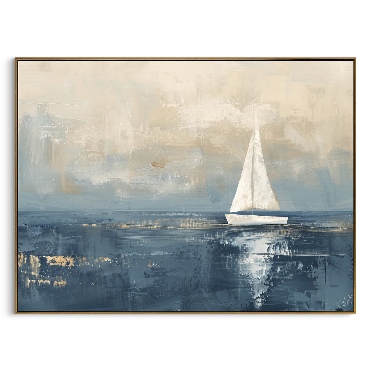 "Minimal White Sailboat Painting" - Modern Heavy Impasto Coastal Landscape | Blue & White Palette Knife Painting | Luxury Horizontal Wall Art #PT 1096