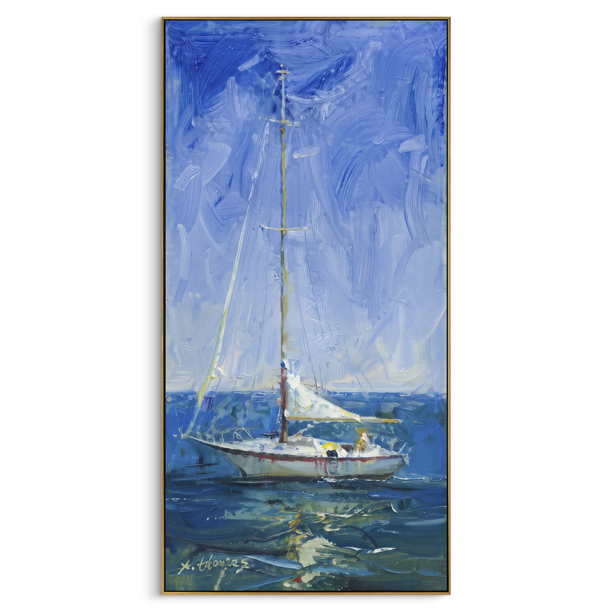 "Narrow Blue Sailboat Painting" - Modern Heavy Impasto Coastal Landscape | Blue & White Palette Knife Painting | Luxury Wall Wall Art #PT 1097