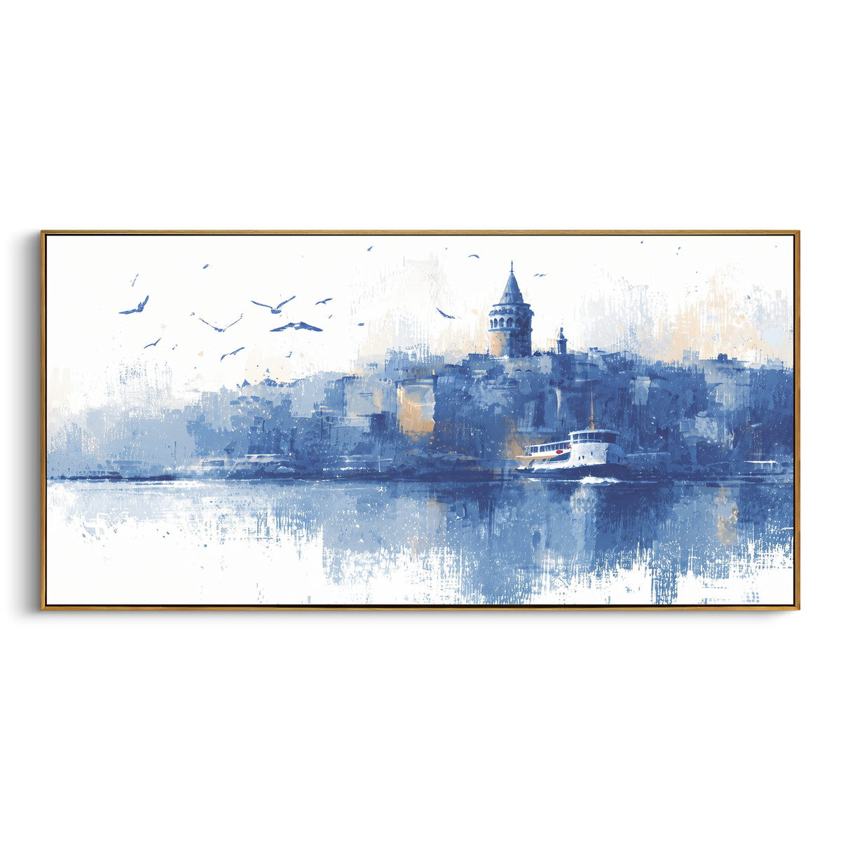"Blue Istanbul Ferry Painting" - Modern Heavy Impasto Coastal Landscape | Blue & White Palette Knife Painting | Luxury Horizontal Wall Art #PT 1098