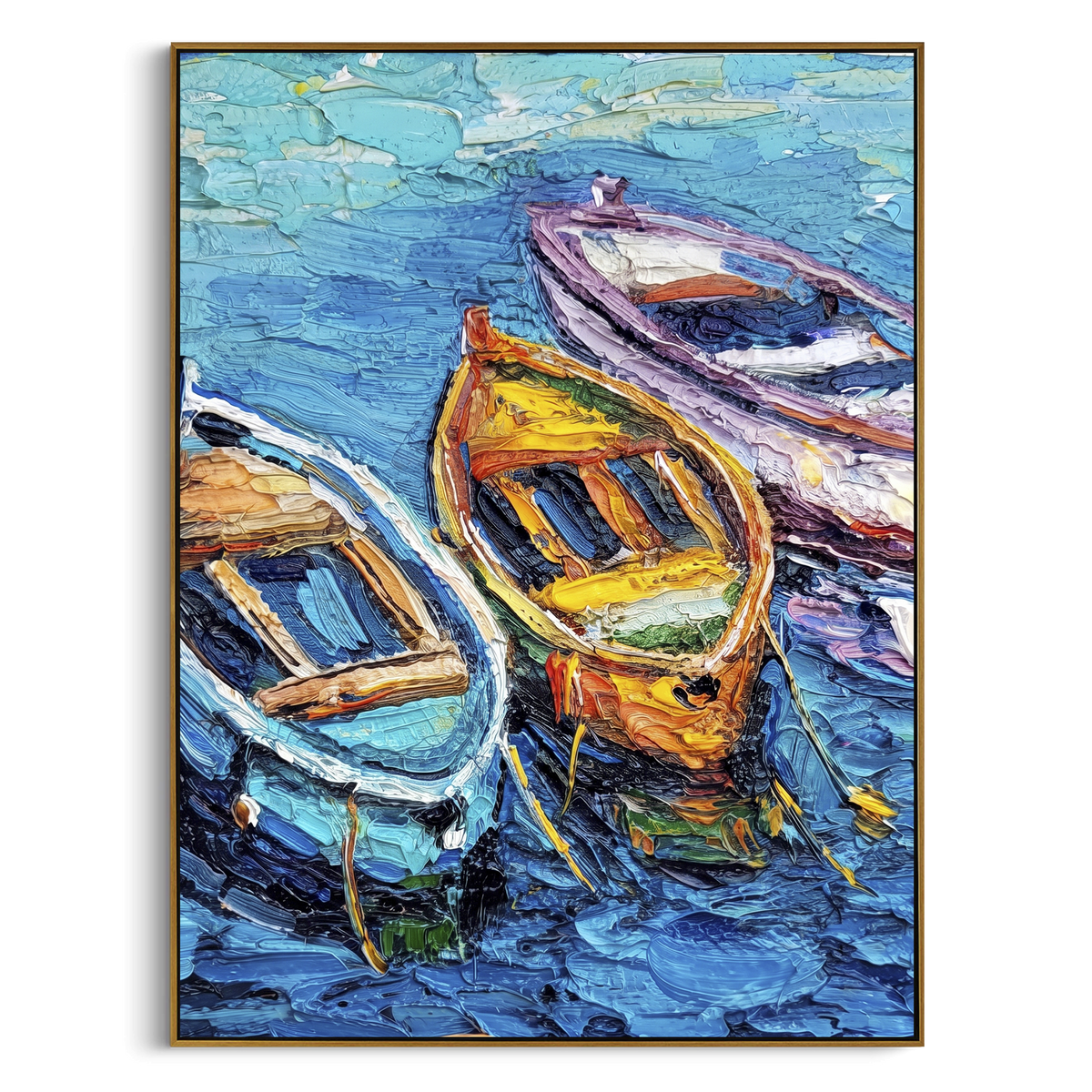 "Colorful Rowboats Harbor Painting" - Modern Heavy Impasto Coastal Landscape | Blue & Yellow Palette Knife Painting | Luxury Vertical Wall Art #PT 1099