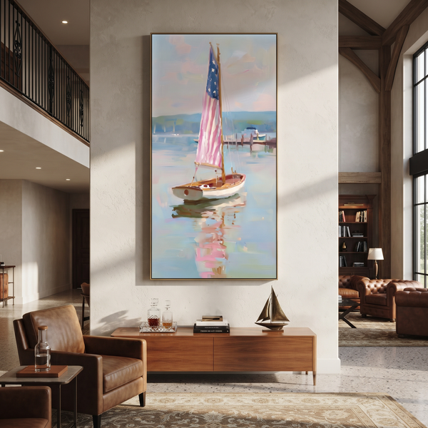 "Americana Sailboat Reflection Painting" - Modern Heavy Impasto Coastal Landscape | Blue & Pink Palette Knife Painting | Luxury Wall Wall Art #PT 1100