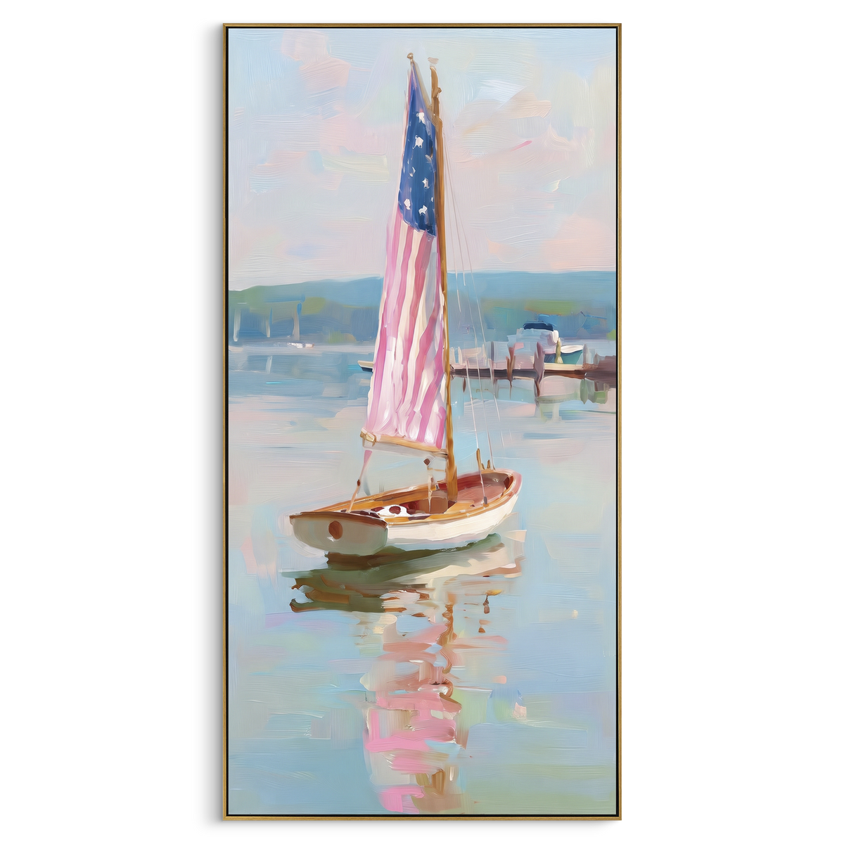 "Americana Sailboat Reflection Painting" - Modern Heavy Impasto Coastal Landscape | Blue & Pink Palette Knife Painting | Luxury Wall Wall Art #PT 1100