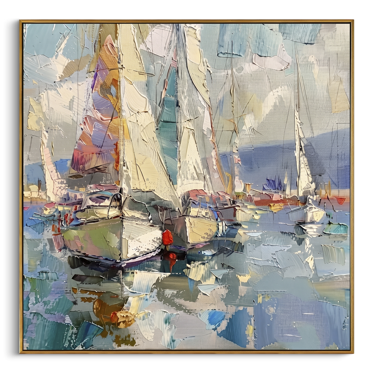 "Soft Marina Sailboats Painting" - Modern Heavy Impasto Coastal Landscape | Blue & White Palette Knife Painting | Luxury Square Wall Art #PT 1101